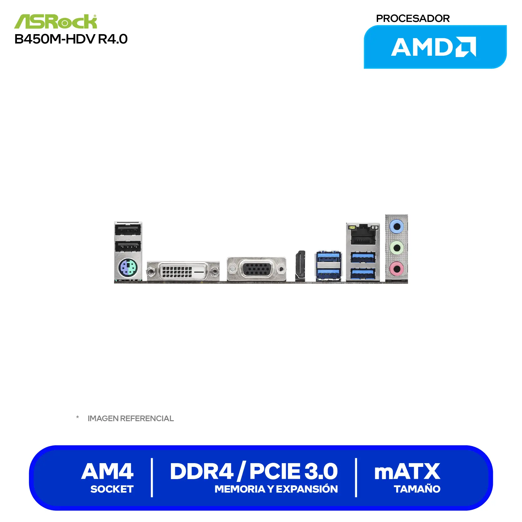 Placa Madre ASRock B450M-HDV R4.0 (90-MXB9N0-A0UAYZ) AM4, DDR4, mATX
