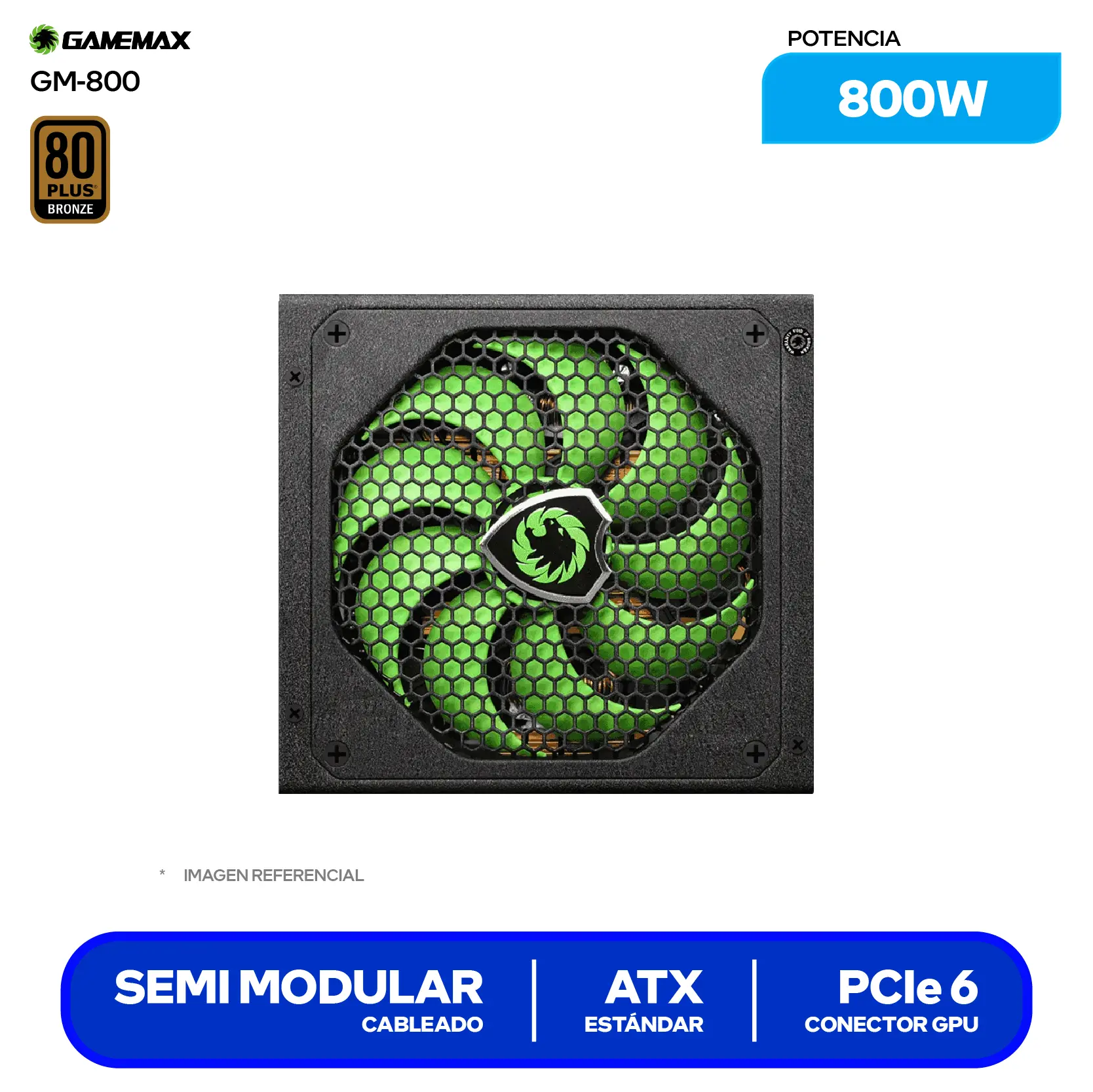 Fuente de Poder Gamemax 800W (GM-800) 80 Plus Bronze, Semi Modular