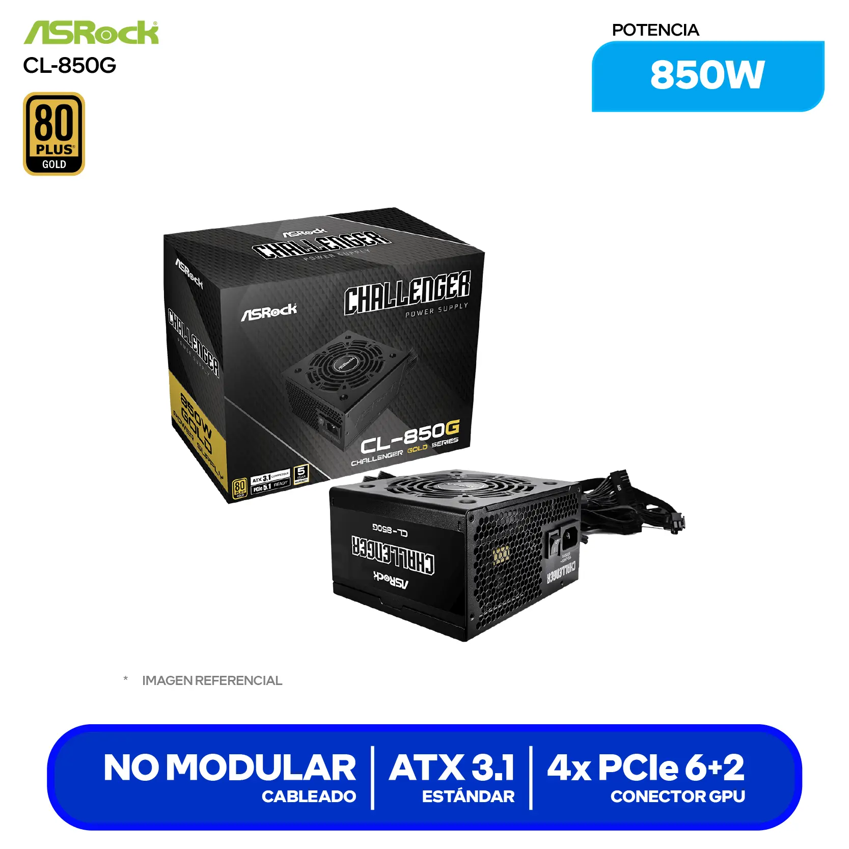 Fuente de Poder ASRock Challenger 850W (CL-850G) 80 Plus Gold, Semi Modular