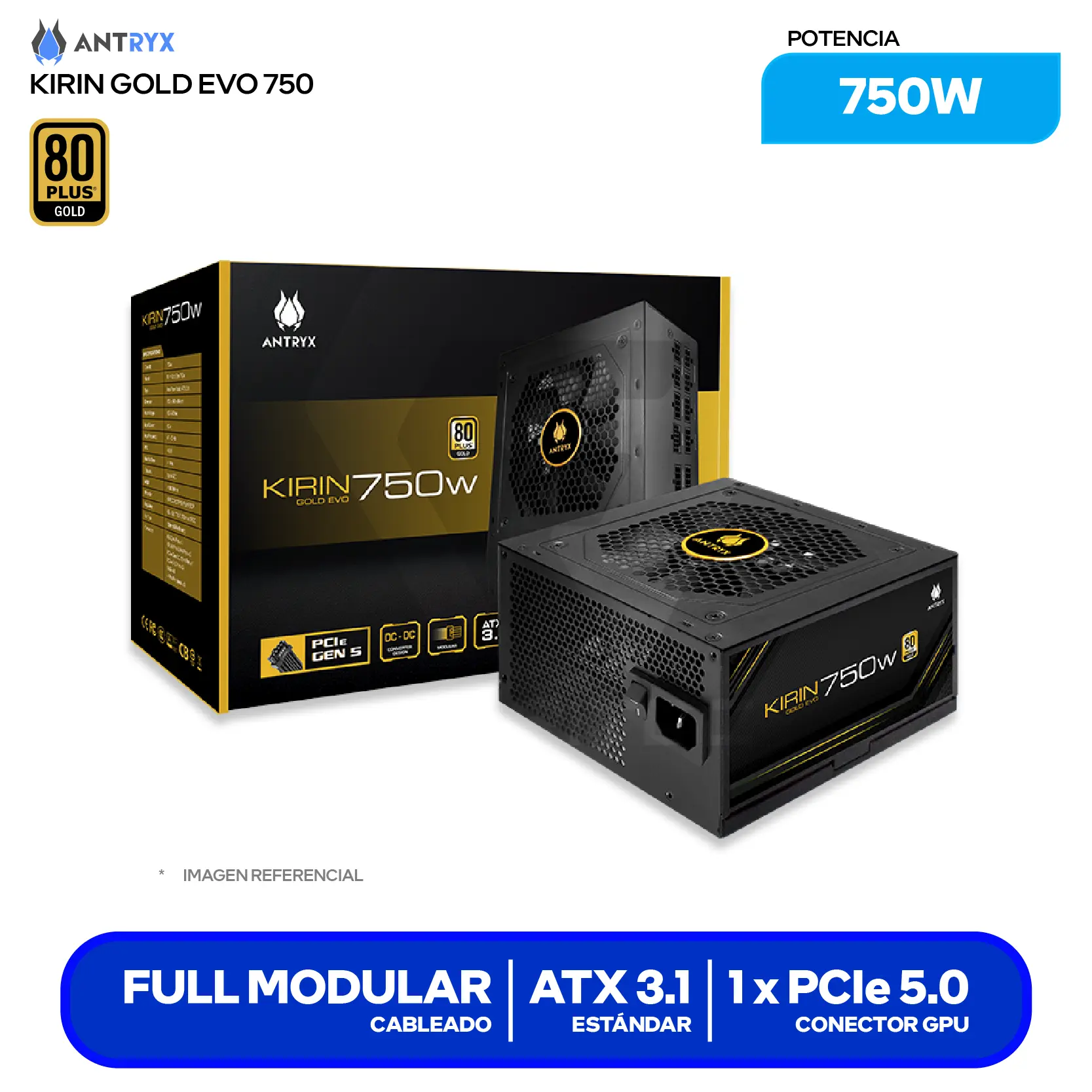 Fuente de Poder Antryx Kirin Gold EVO 750W (GPX750SE) 80 Plus Gold, Full Modular