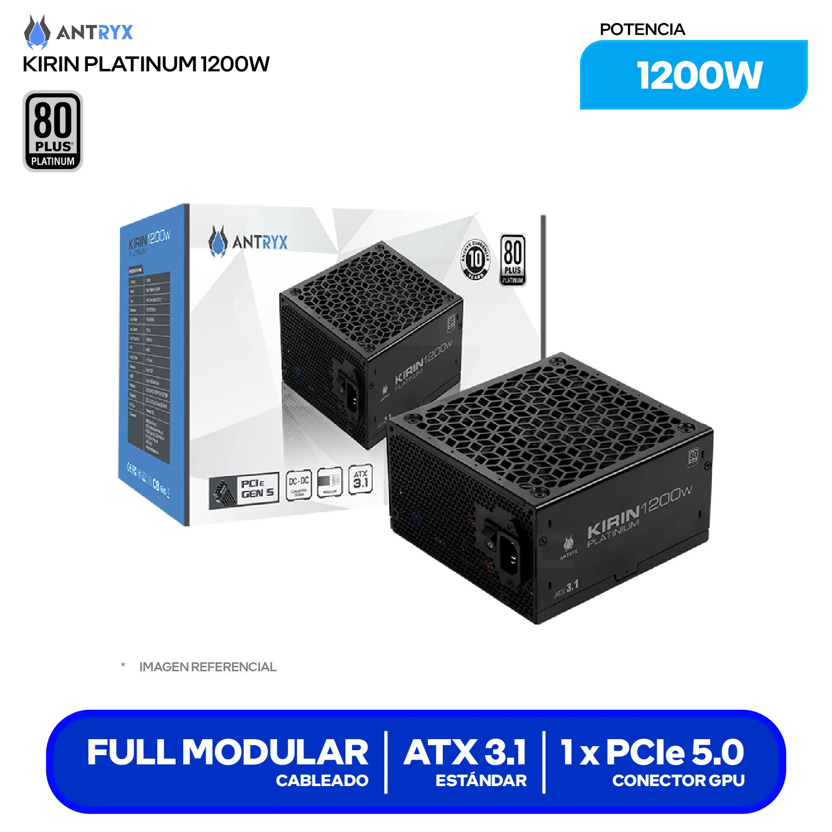 Fuente de Poder Antryx Kirin Platinum 1200W (XPH1200-A) 80 Plus Platinum, Full Modular