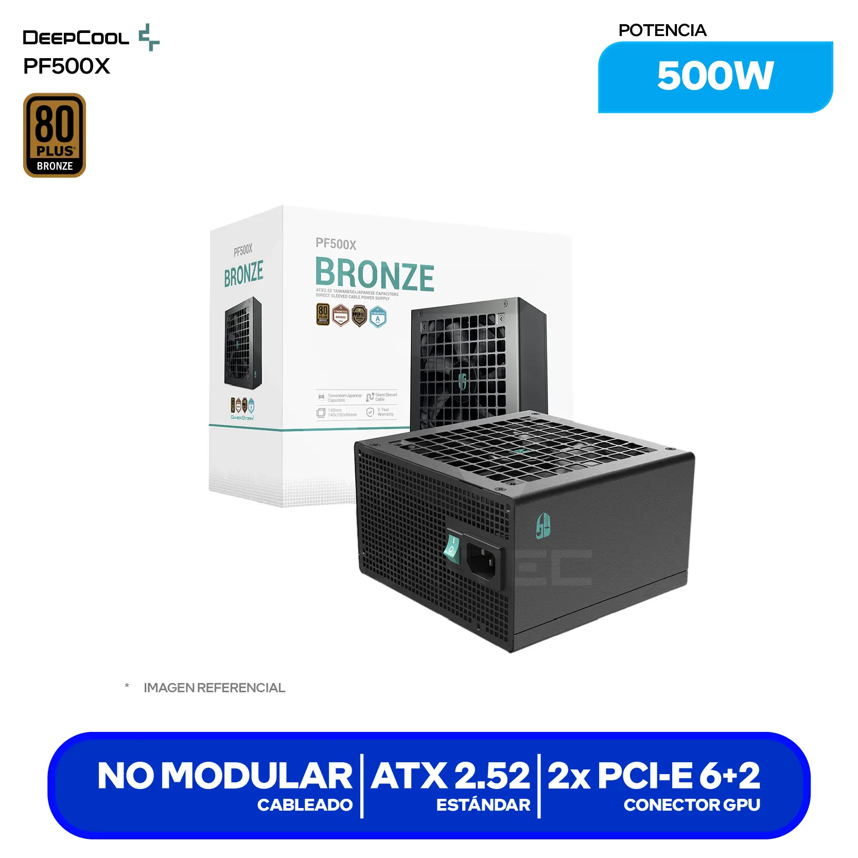 Fuente de Poder GamerStorm PF500X 500W (R-PF500X-HD0B-JGUS) 80 Plus Bronze, No Modular