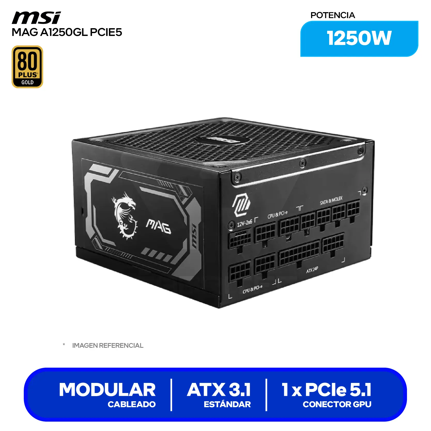 Fuente de Poder MSI MAG A1250GL PCIE5 1250W (MAG A1250GL PCIE5) 80 Plus Gold, Full Modular