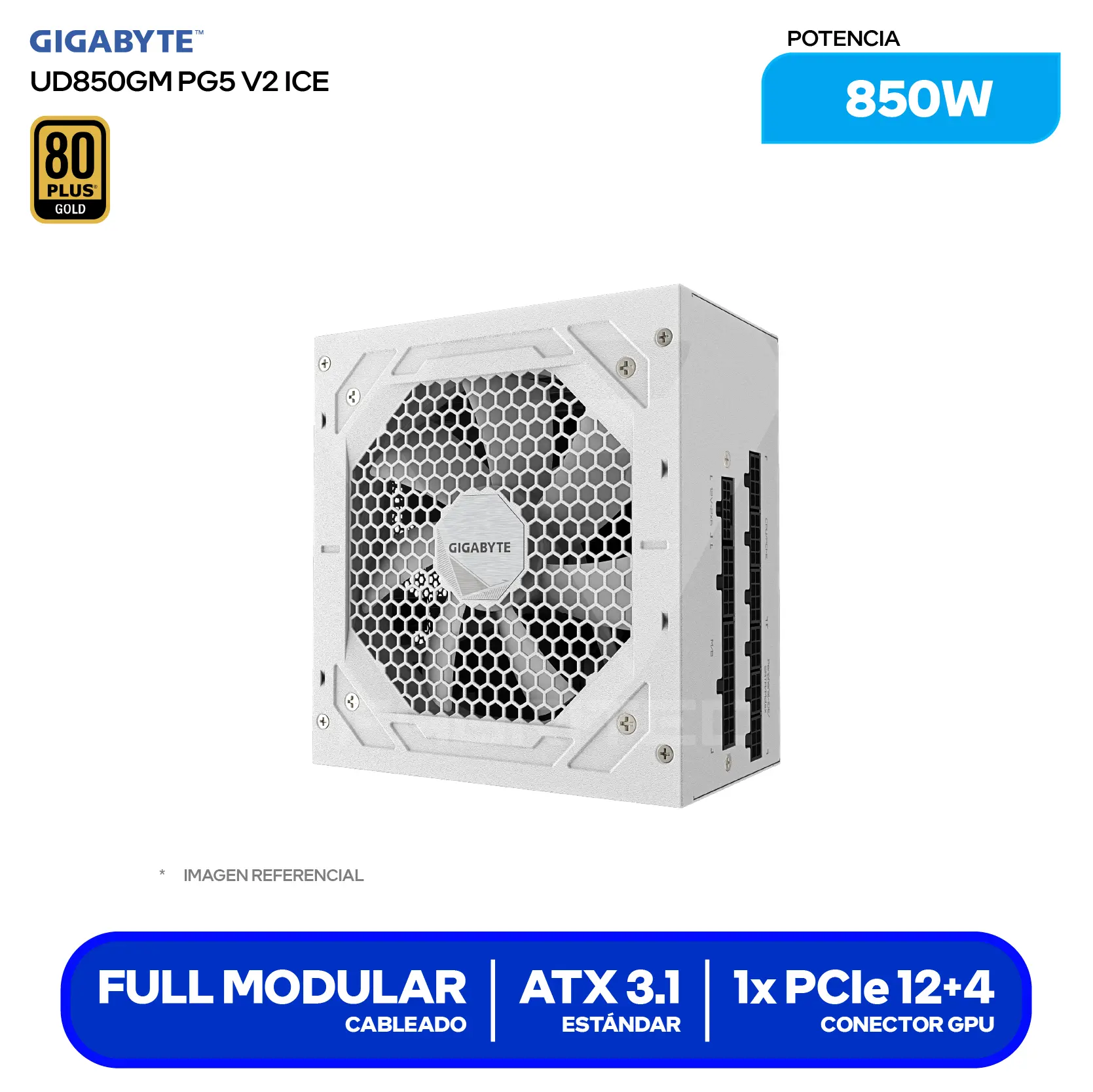 Fuente de Poder Gigabyte UD850GM PG5 ICE 850W (28200-U85GI-1CUSR) 80 Plus Gold, Full Modular