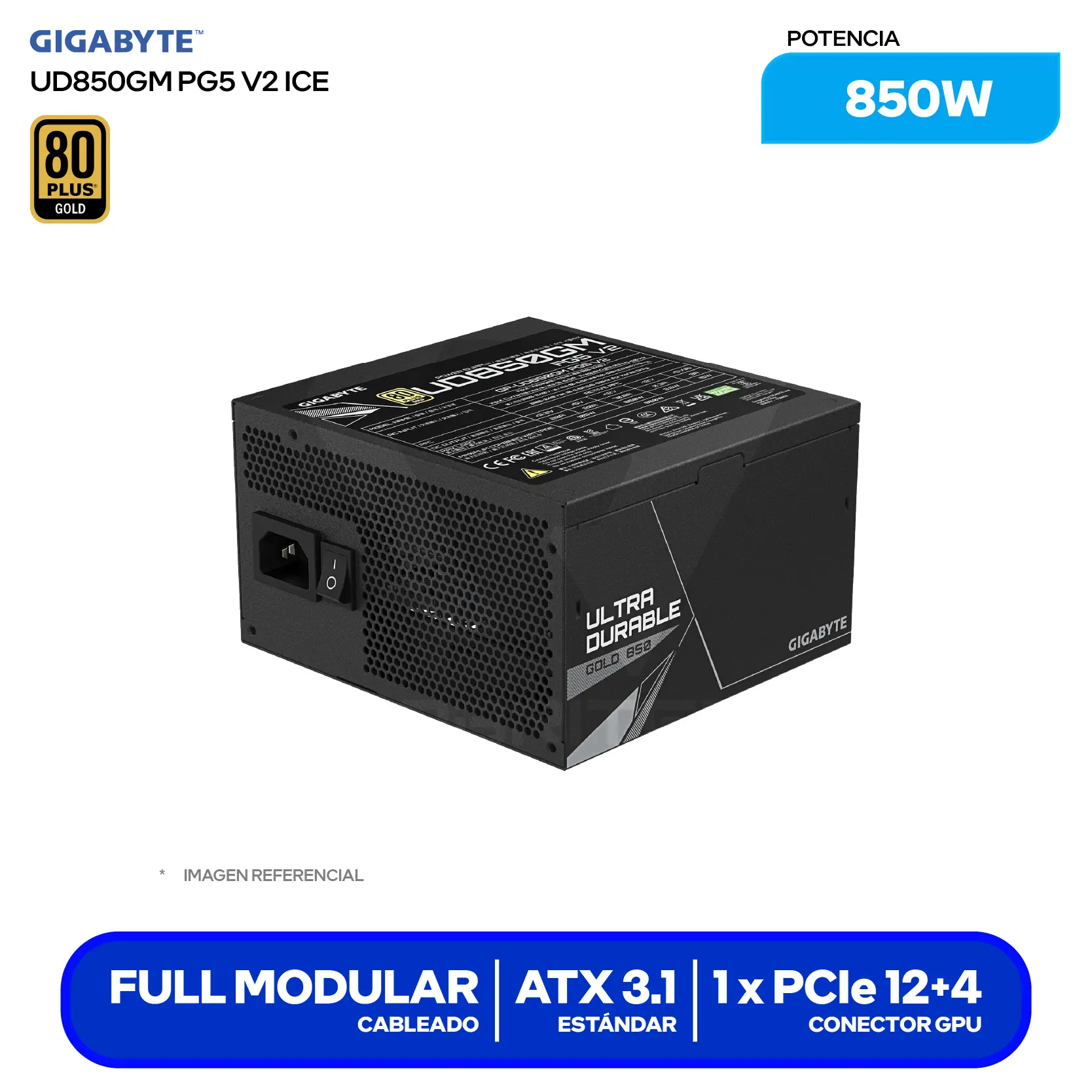Fuente de Poder Gigabyte UD850GM PG5 V2 850W (28200-U85GB-1CUSR) 80 Plus Gold, Full Modular