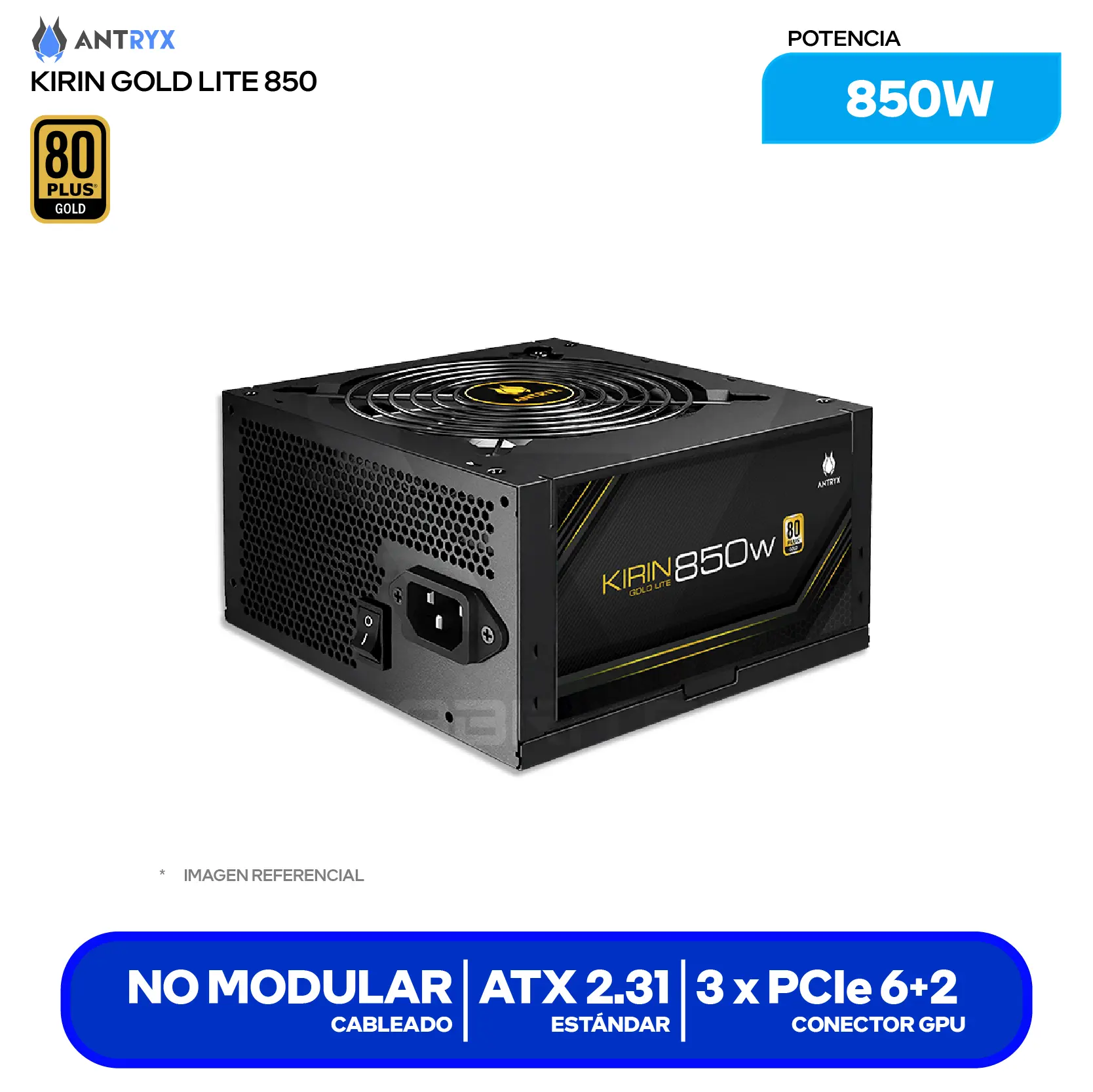 Fuente de Poder Antryx Kirin Gold Lite 850W (GPW850S) 80 Plus Gold, No Modular