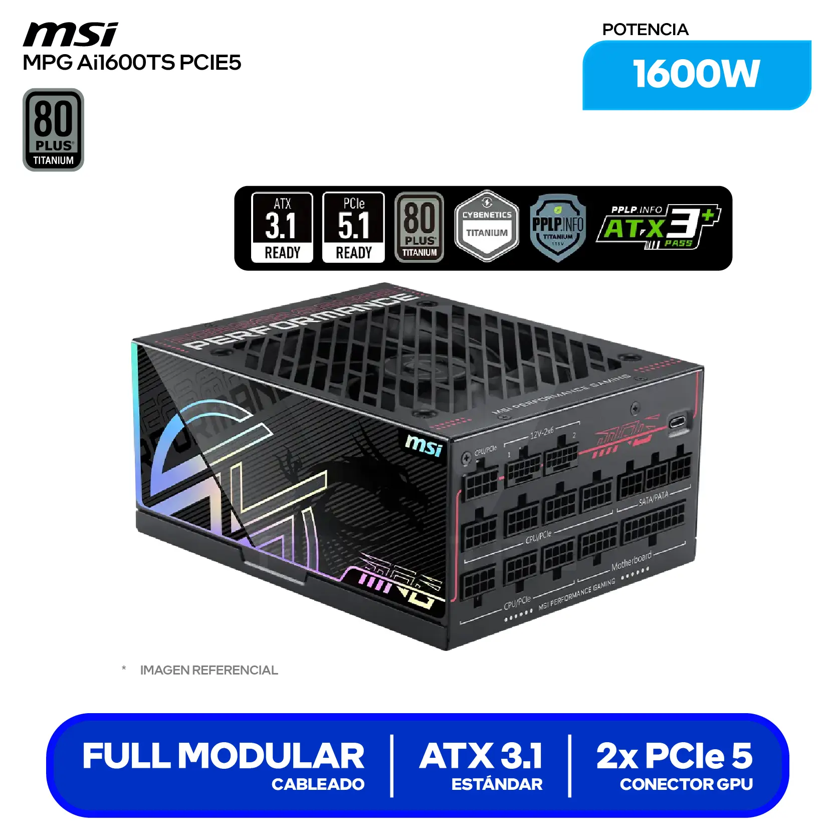 Fuente de Poder MSI MPG AI1600TS PCIE5 1600W (MPG AI1600TS PCIE5) 80 Plus Titanium, Full Modular