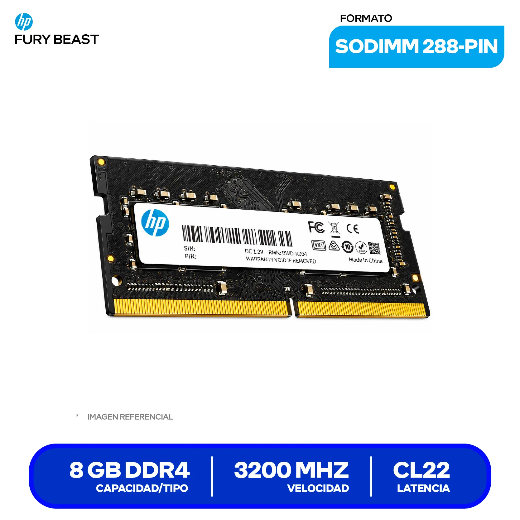 Memoria SO-DIMM HP S1 Series (2E2M5AA#ABB) 8GB, DDR4, 3200 MHz