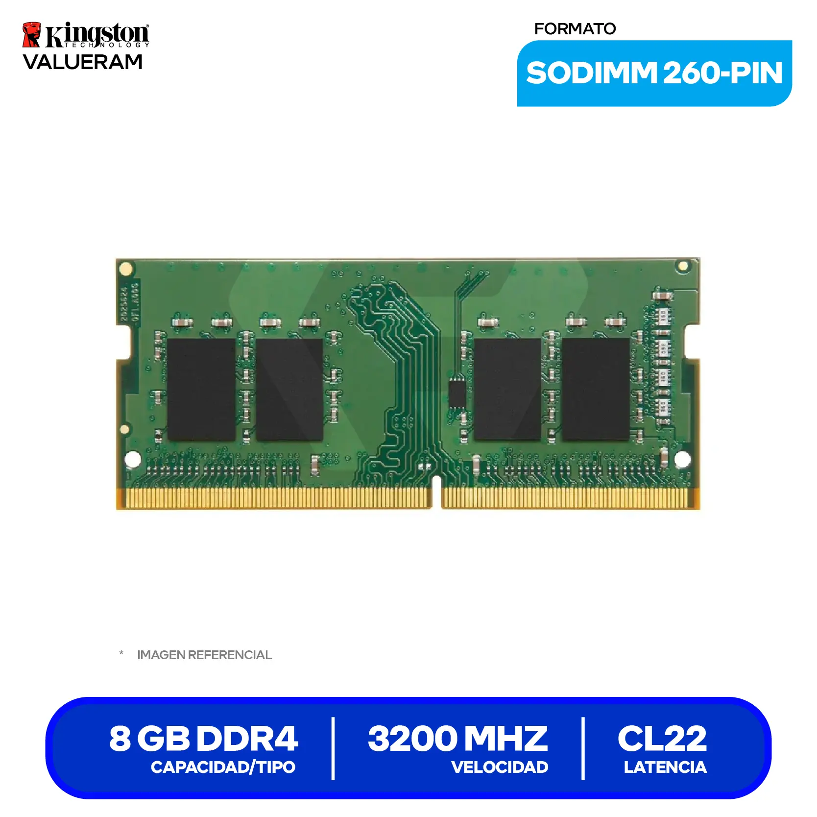 Memoria SO-DIMM Kingston ValueRAM (KVR32S22S6/8) 8GB, DDR4, 3200 MHz