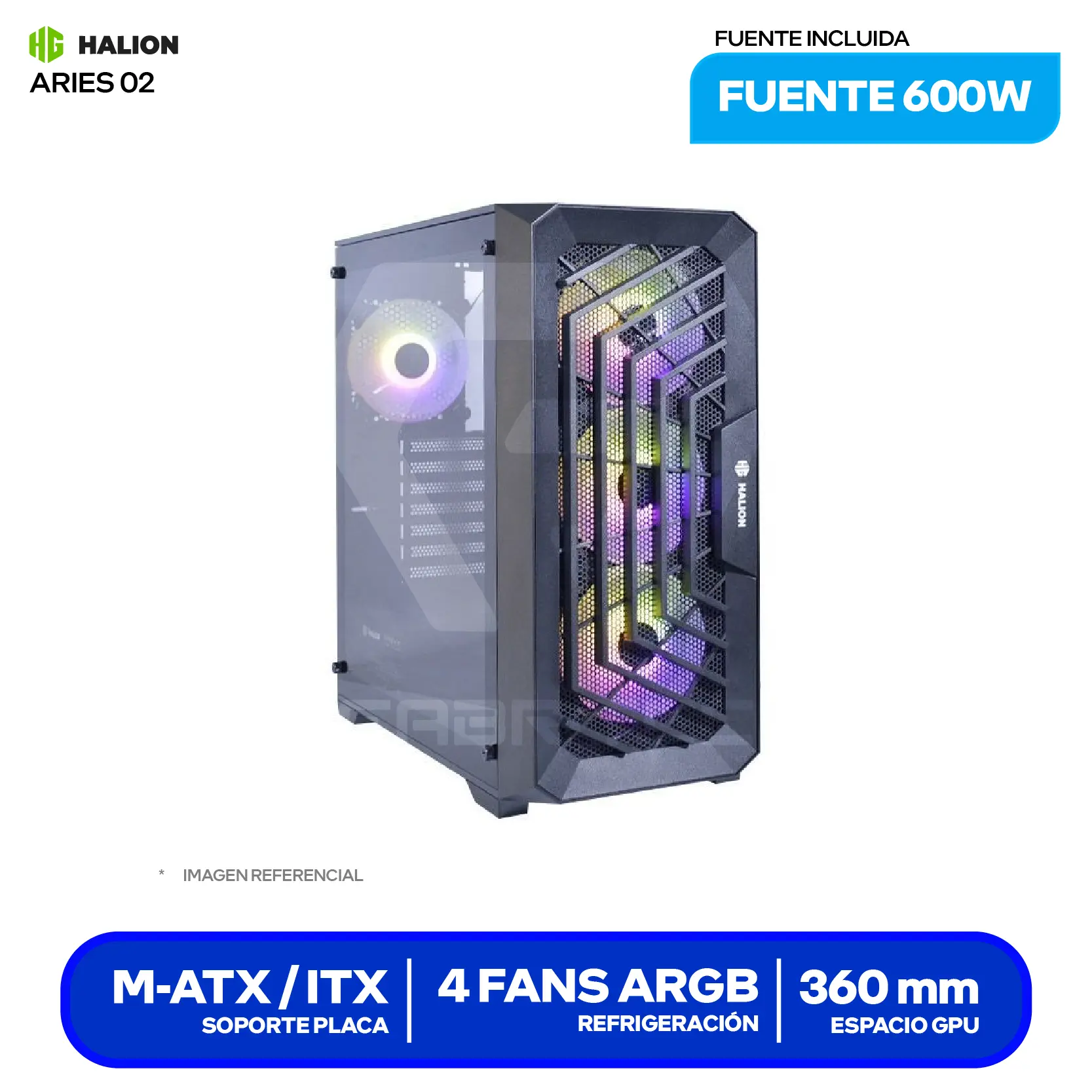 Case Gamer Halion Aries 02 (ARIES 02) Con Fuente 600W, Vidrio Templado, 4 Fans RGB