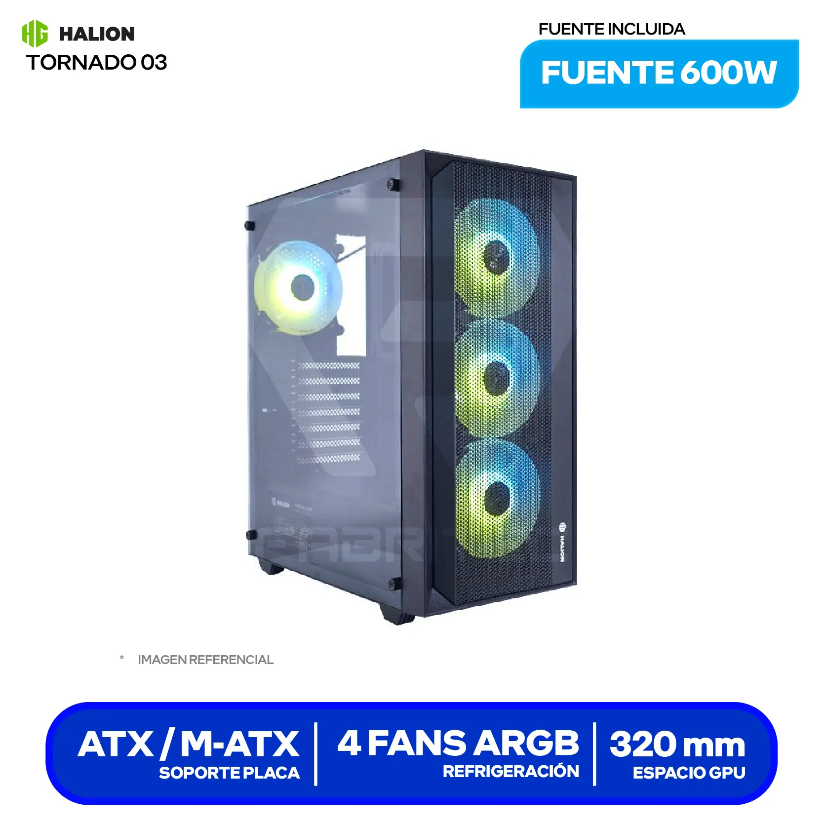Case Gamer Halion Tornado 03 (Tornado 03) Con Fuente 600W, Vidrio Templado, 4 Fans ARGB