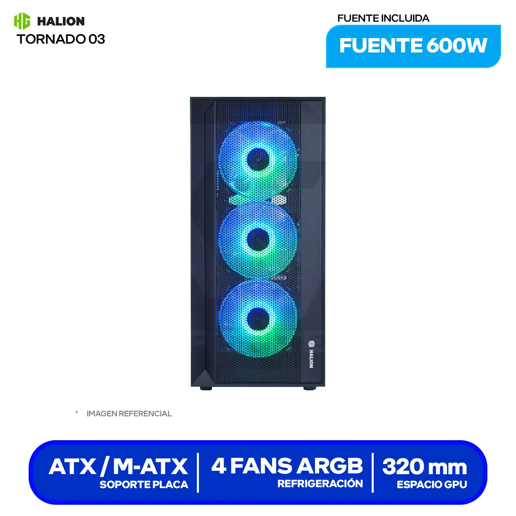 Case Gamer Halion Tornado 03 (Tornado 03) Con Fuente 600W, Vidrio Templado, 4 Fans ARGB