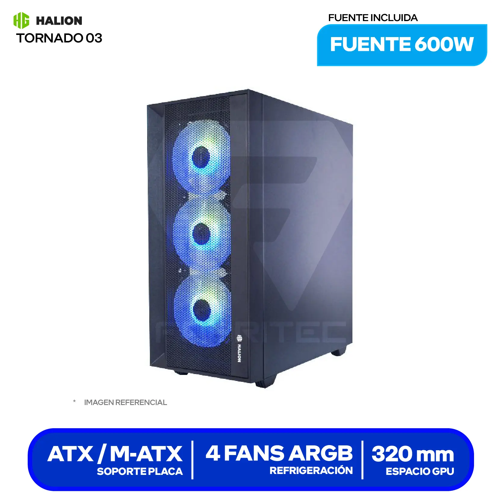 Case Gamer Halion Tornado 03 (Tornado 03) Con Fuente 600W, Vidrio Templado, 4 Fans ARGB