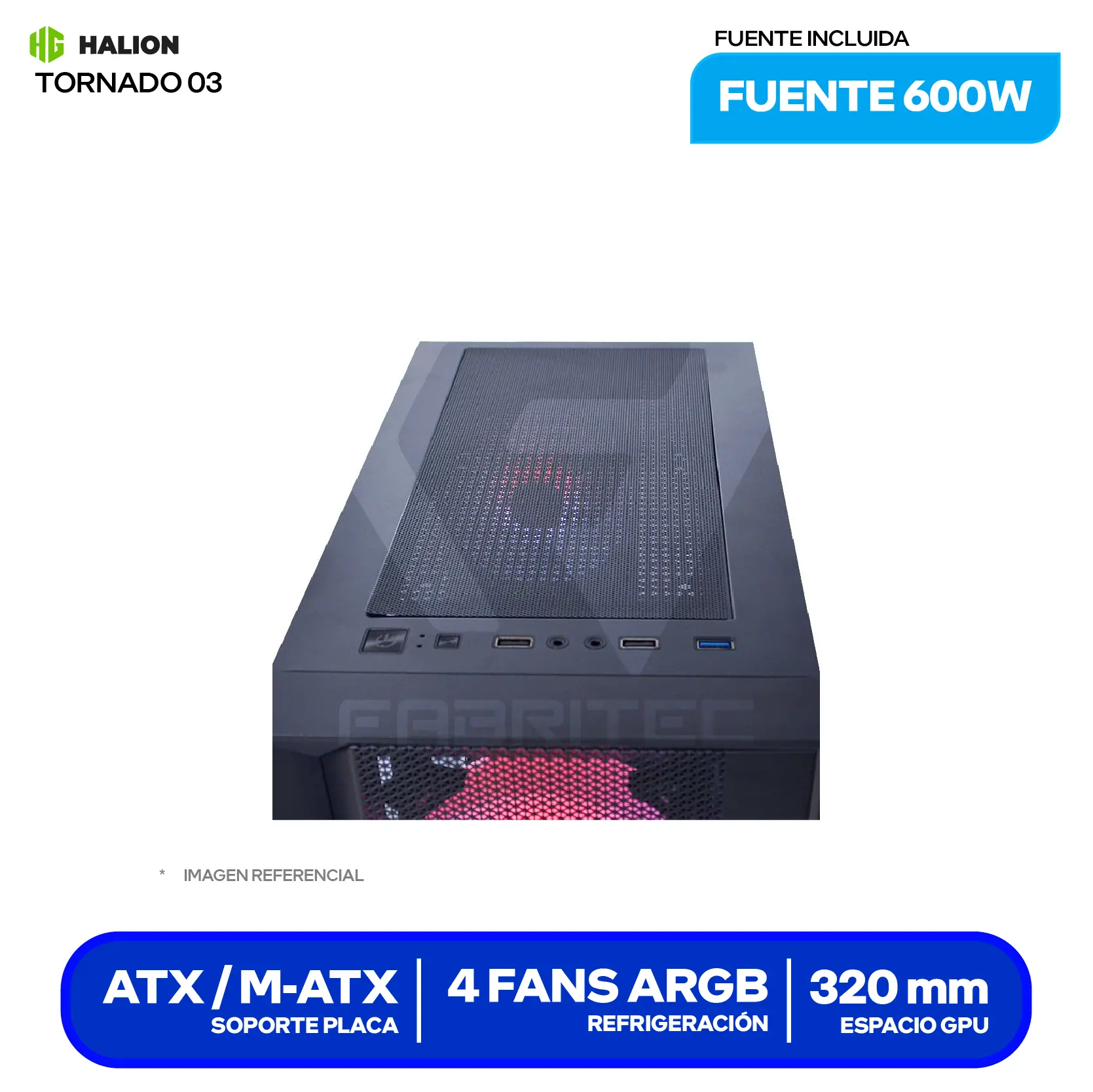 Case Gamer Halion Tornado 03 (Tornado 03) Con Fuente 600W, Vidrio Templado, 4 Fans ARGB