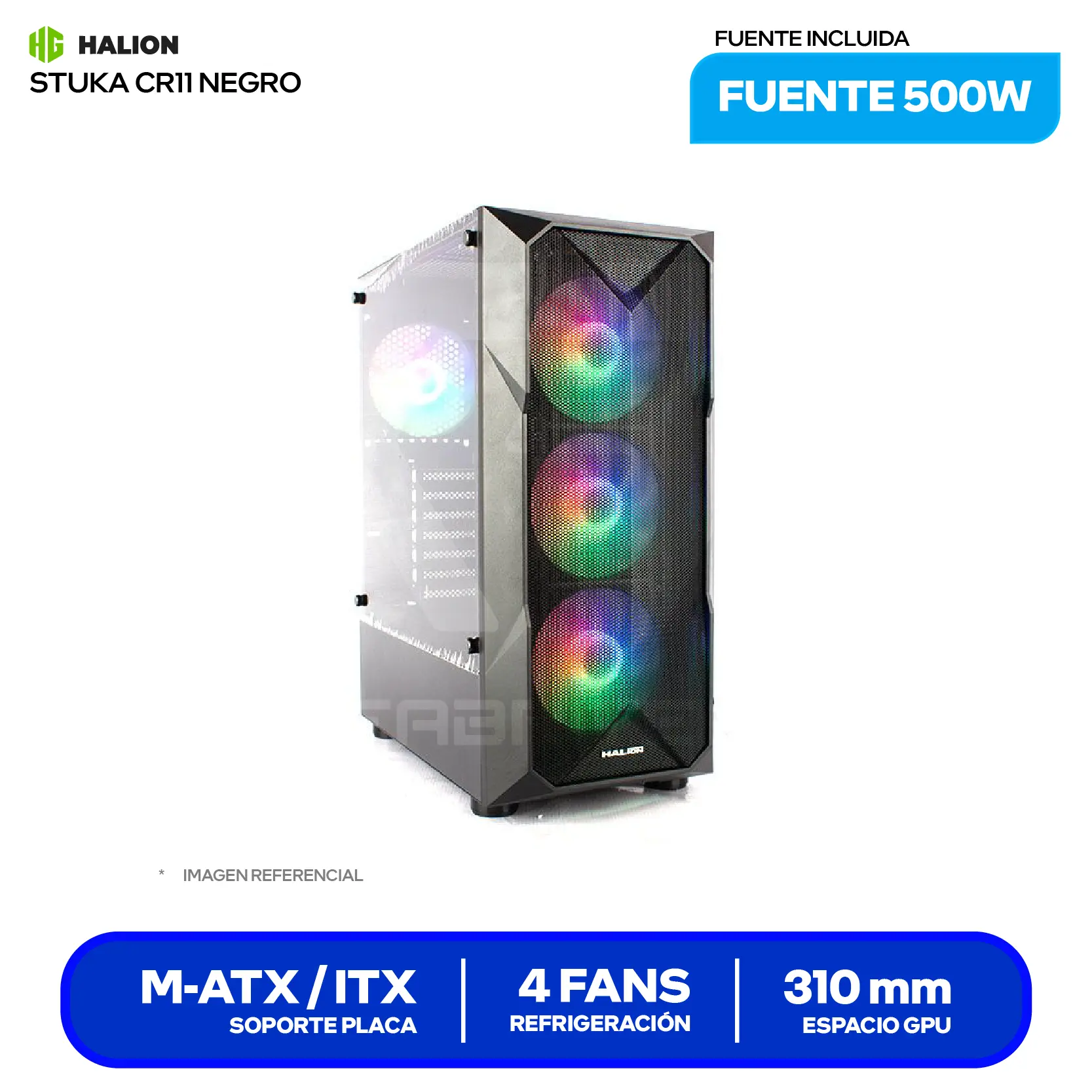 Case Gamer Halion, Stuka CR11 (CR11-N) Con Fuente 500W, Vidrio Templado, 4 Fans  RGB