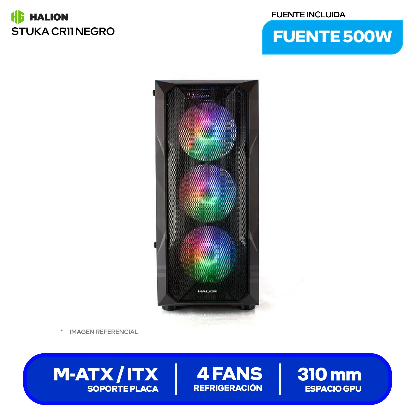 Case Gamer Halion, Stuka CR11 (CR11-N) Con Fuente 500W, Vidrio Templado, 4 Fans  RGB