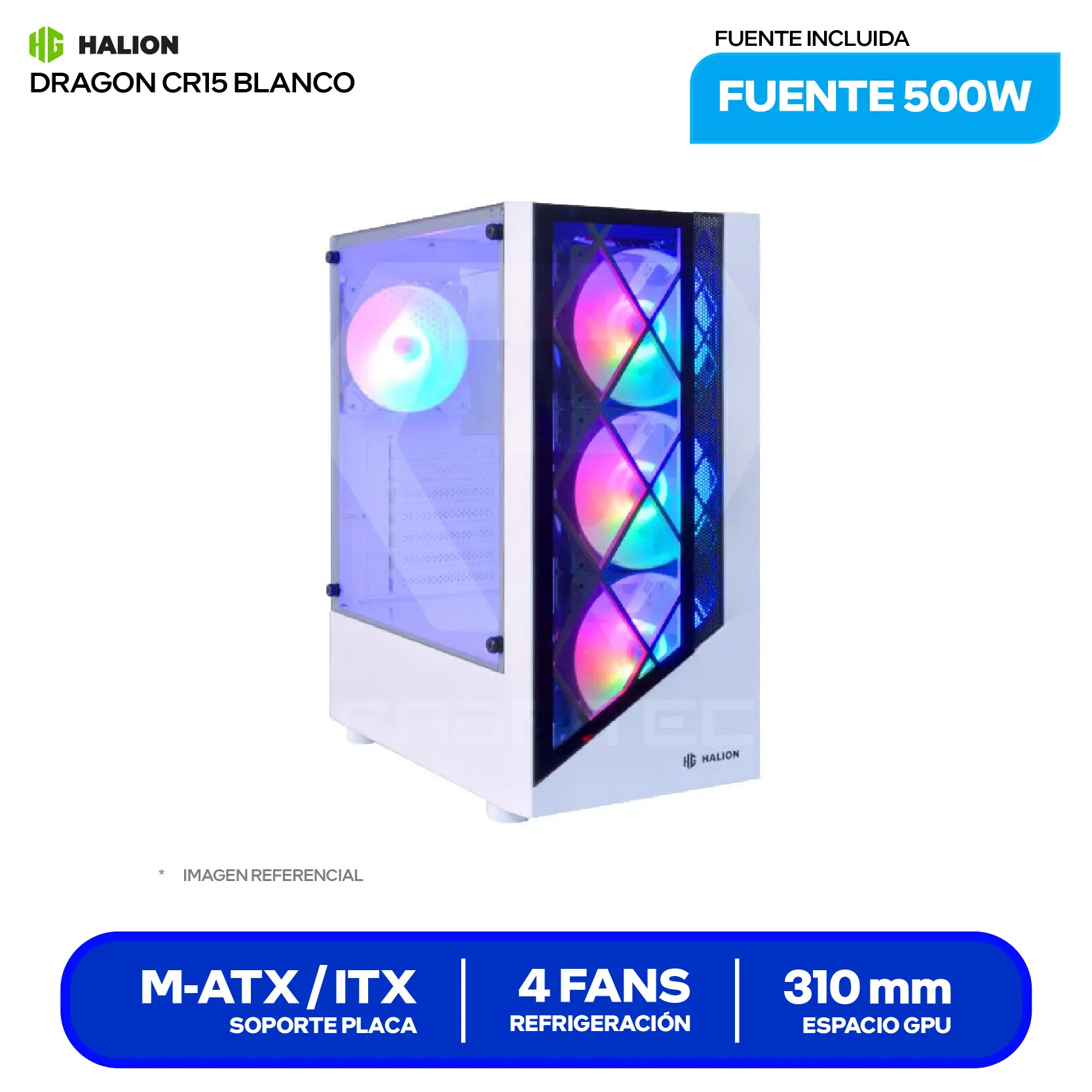 Case Gamer Halion Dragon CR15 White (DRAGON CR15-W) Con Fuente 500W, Doble Vidrio Templado, 4 Fans LED