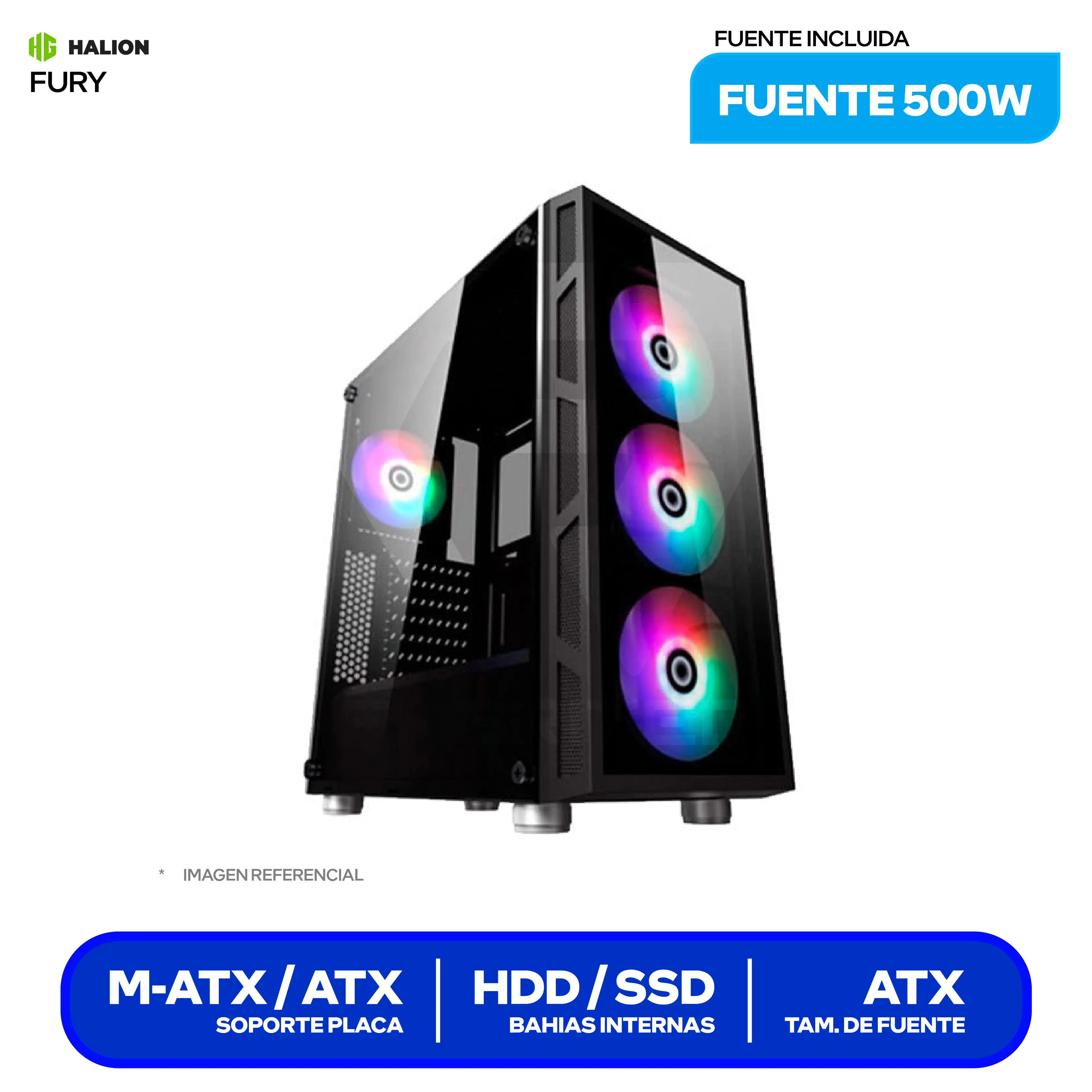 Case Gamer Halion Fury Black (FURY) Con Fuente 500W, Vidrio Templado, 4 Fans RGB