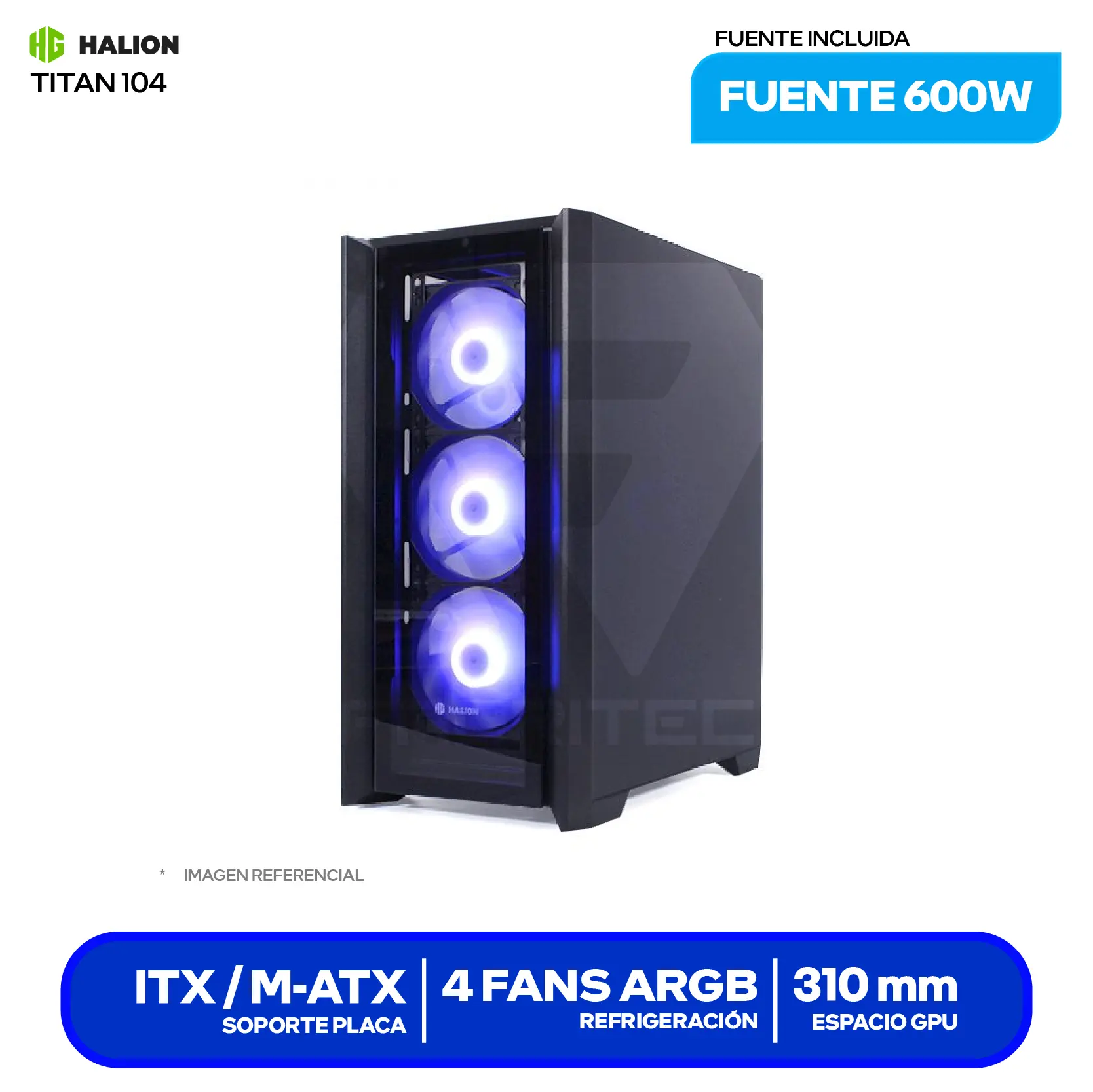 Case Gamer Halion Titan (TITAN 104) Con fuente de 600W, Doble vidrio templado, 4 fans RGB