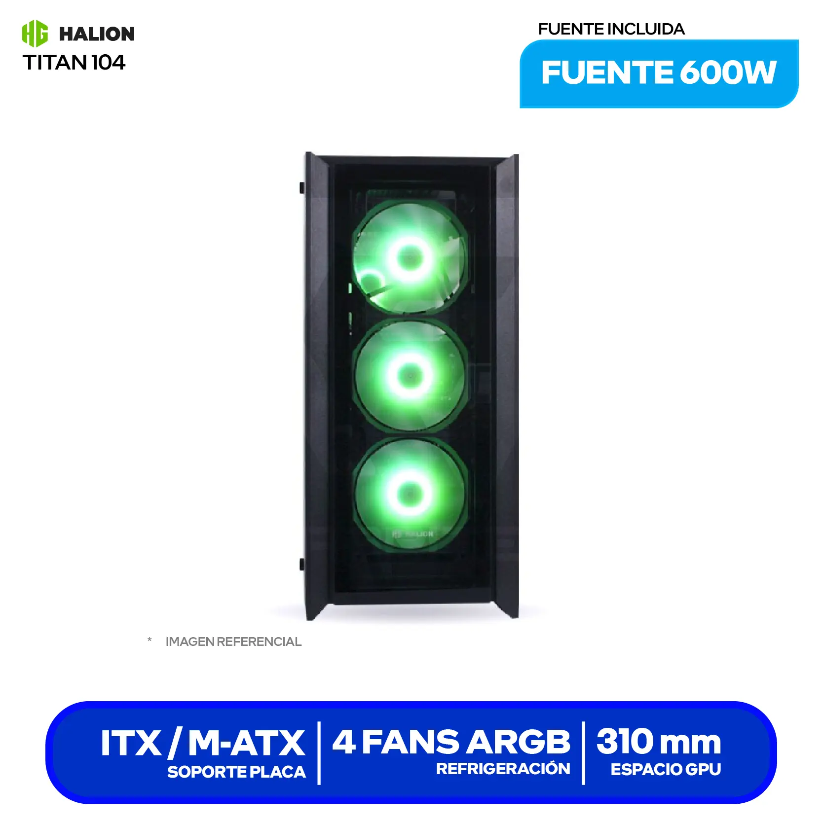 Case Gamer Halion Titan (TITAN 104) Con fuente de 600W, Doble vidrio templado, 4 fans RGB