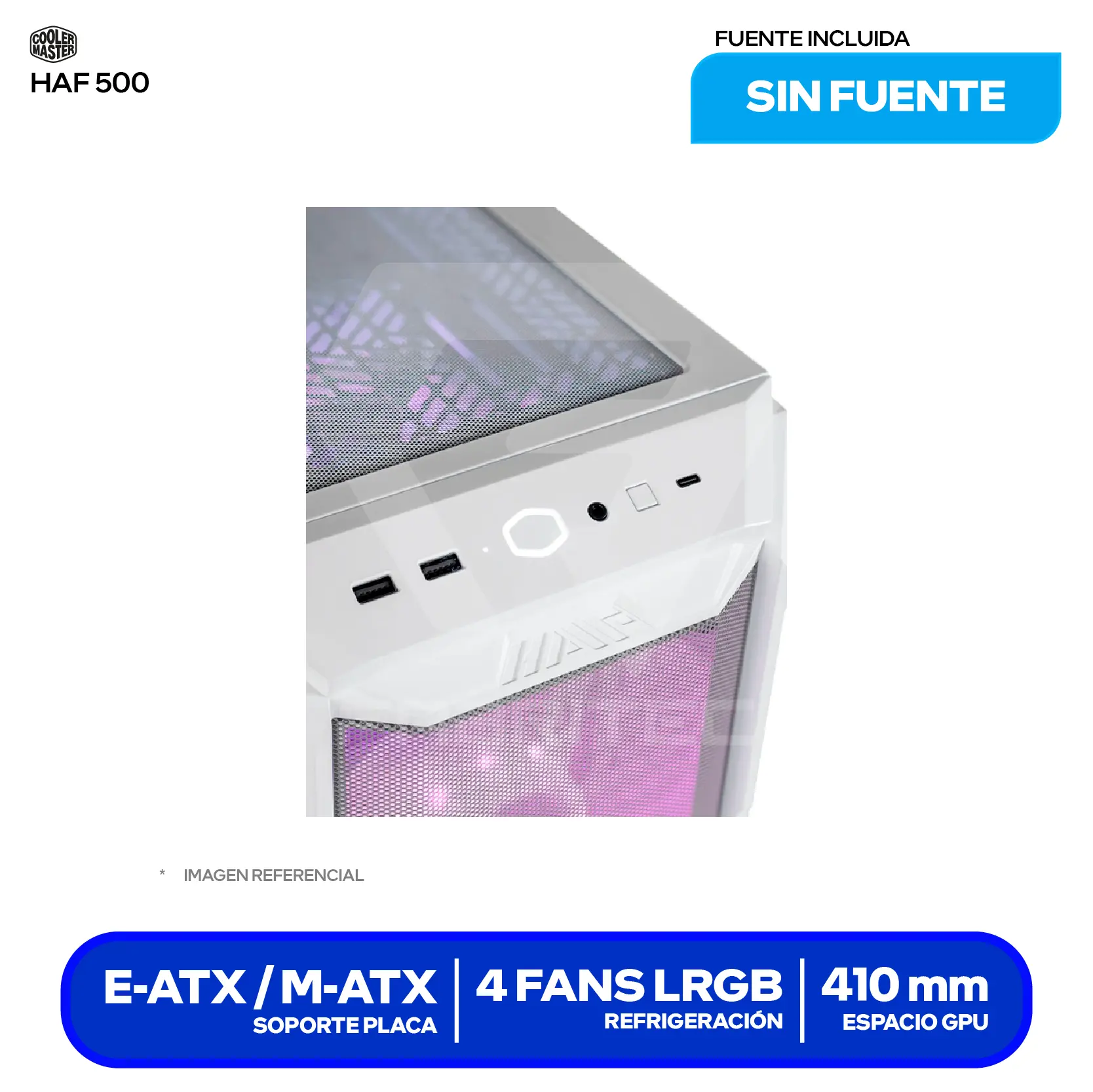 Case Gamer Cooler Master HAF 500 White (H500-WGNN-S00) Sin fuente, Vidrio templado, 4 fans (3 ARGB / 1 Sin LED)