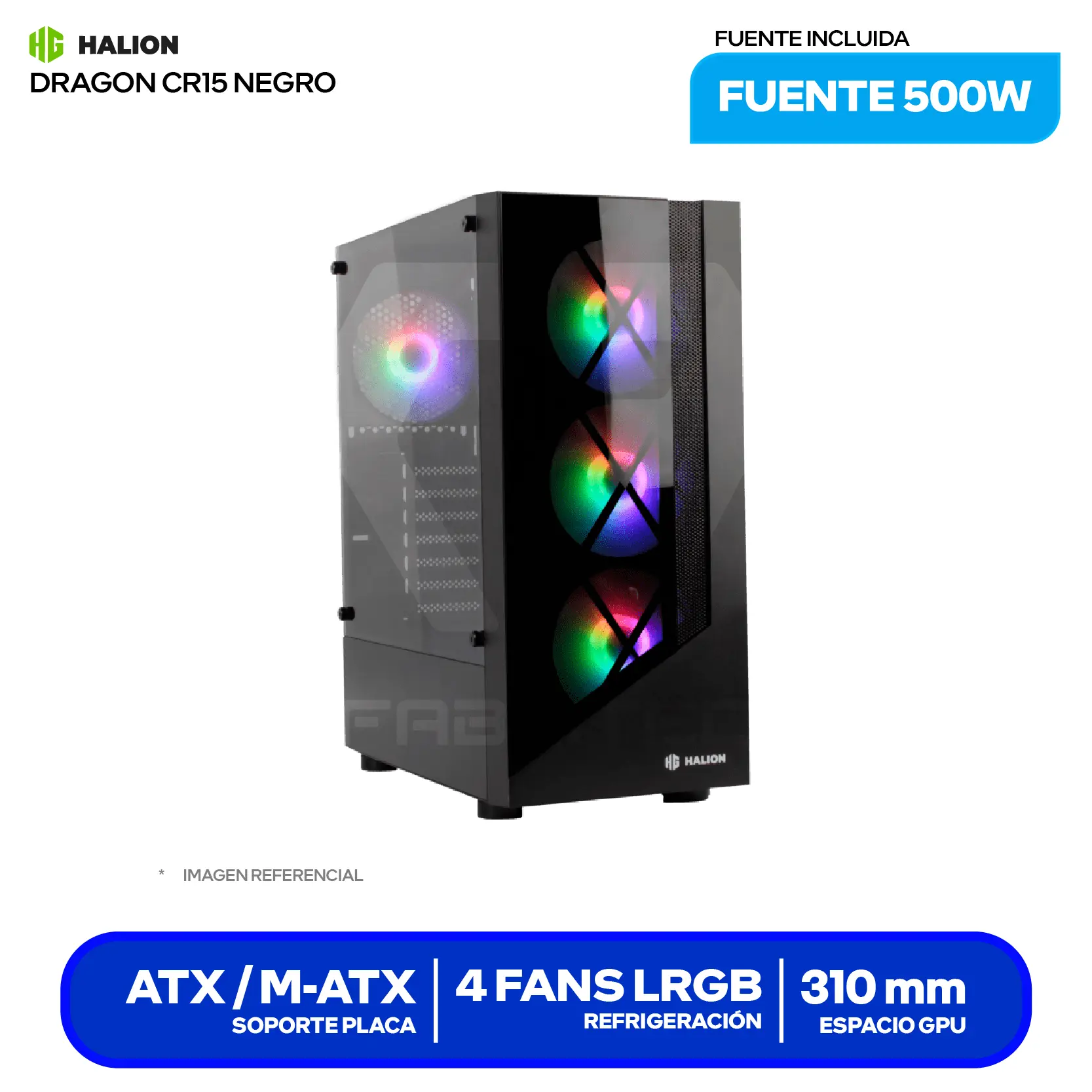Case Gamer Halion Dragon CR15 White (CR15-B) Con fuente de 500W, Doble vidrio templado, 4 fans LED