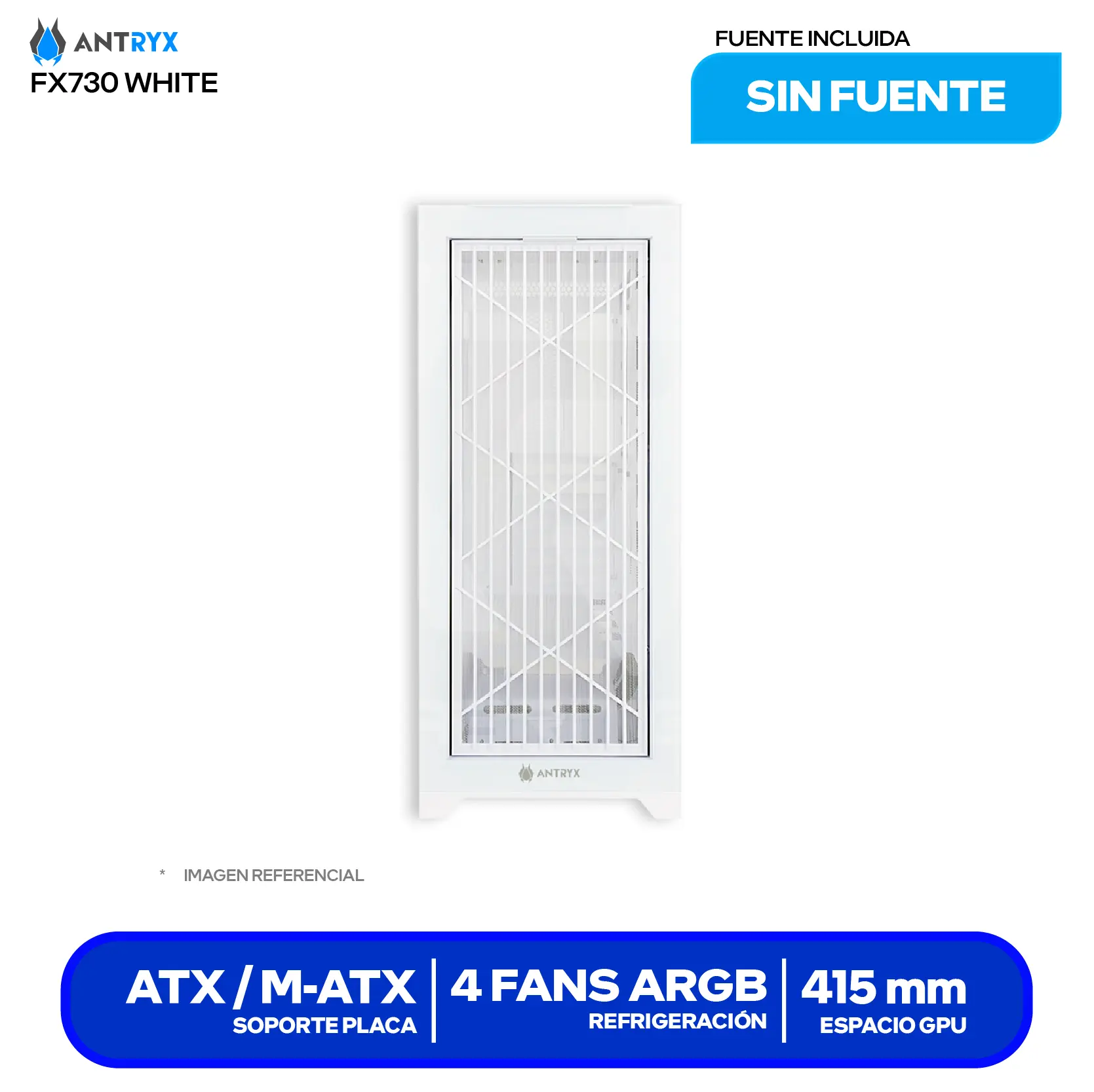 Case Gamer Antryx FX 730 White (AC-FX730W) Sin fuente, Vidrio templado, 4 fans ARGB