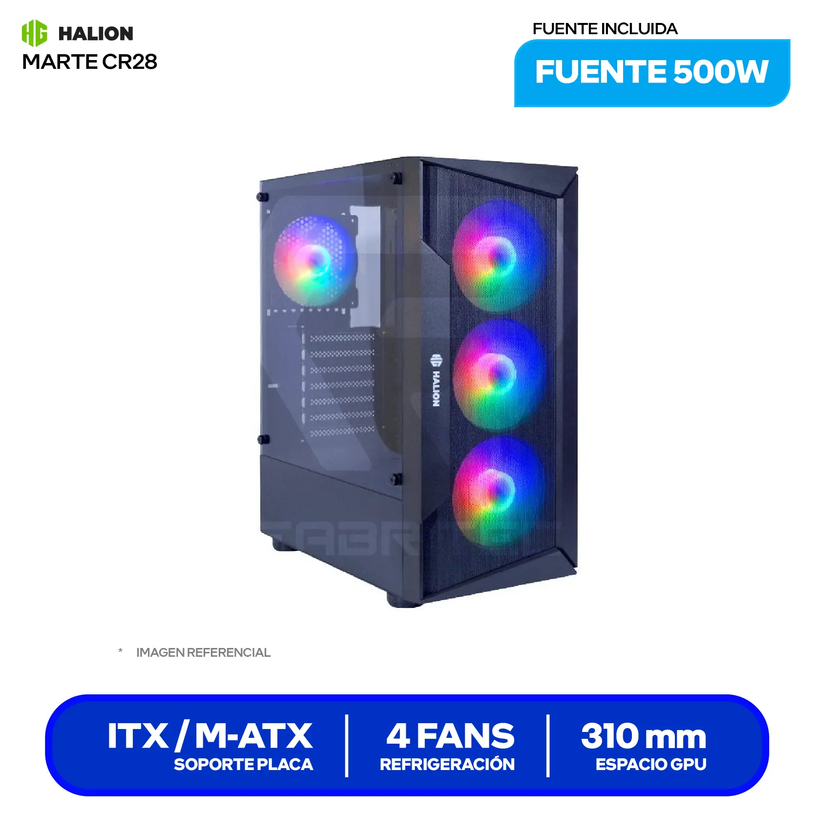 Case Gamer Halion Marte CR28 (CR28) Con fuente de 500W, Vidrio templado, 4 fans LED