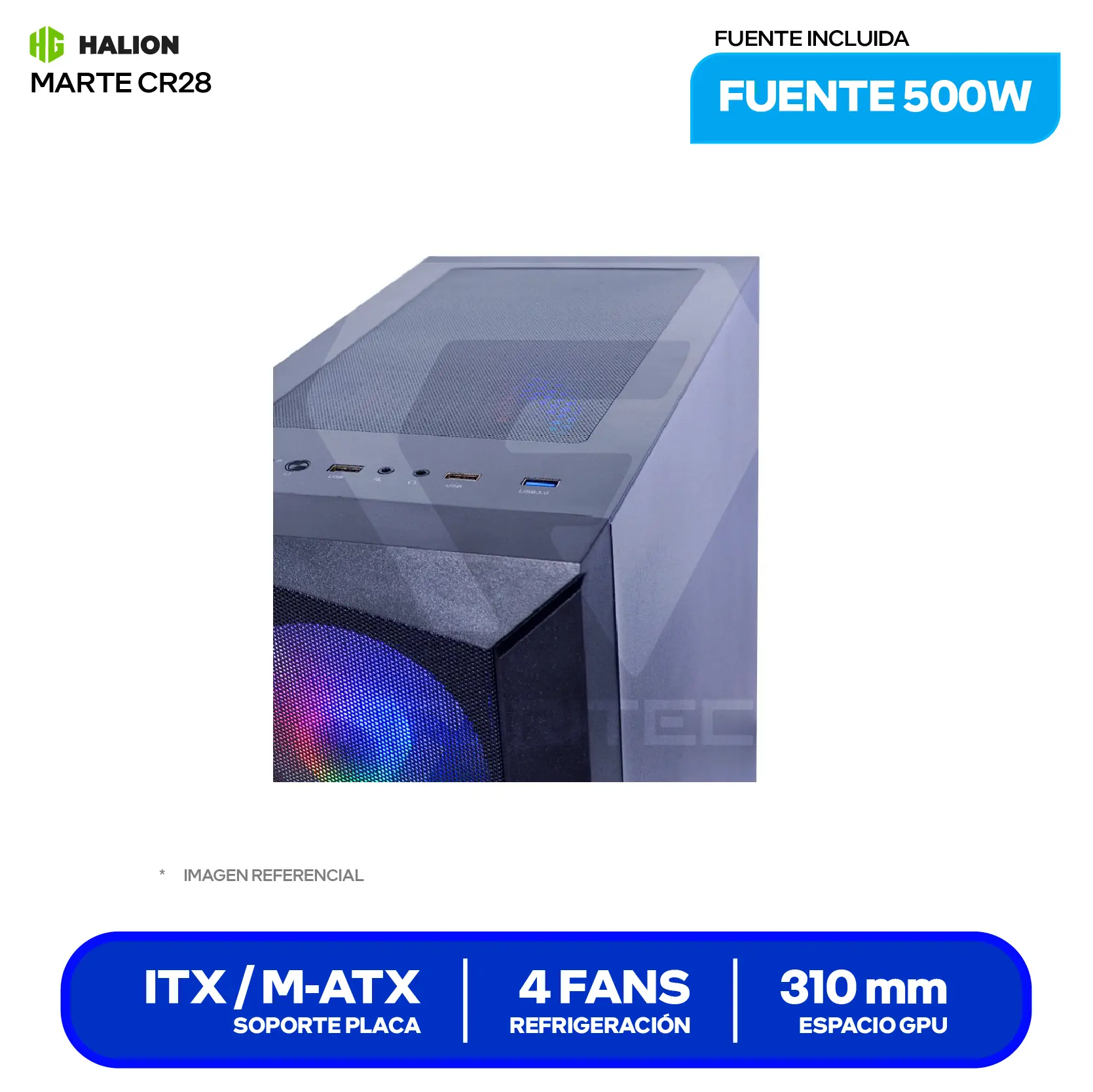 Case Gamer Halion Marte CR28 (CR28) Con fuente de 500W, Vidrio templado, 4 fans LED