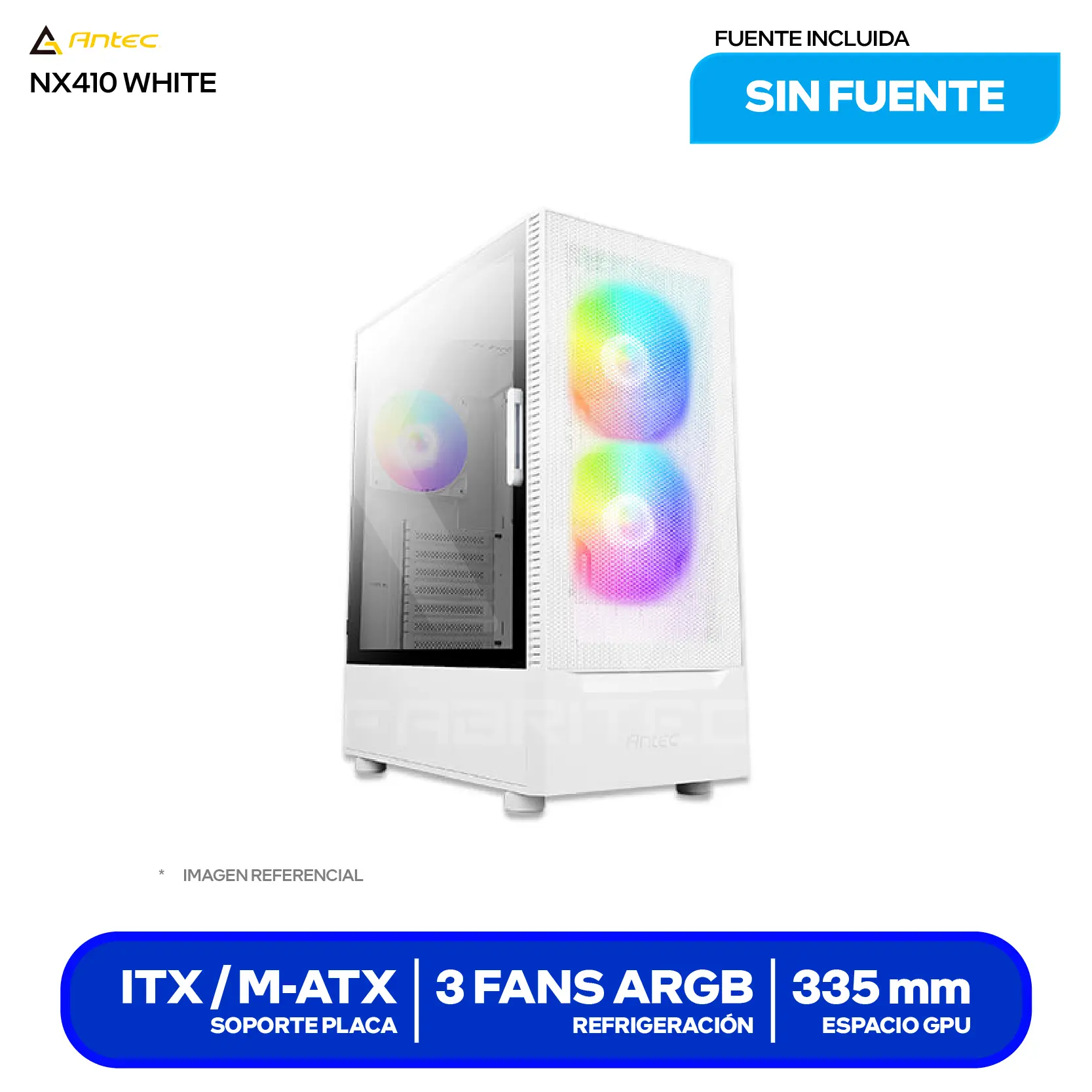 Case Gamer Antec NX410 White (0-761345-81042-5) Sin fuente, Vidrio templado, 3 fans ARGB