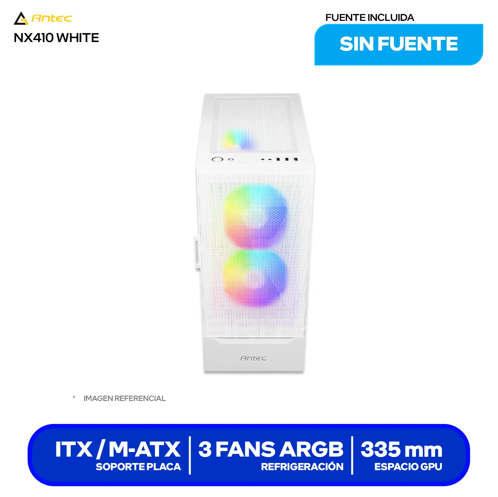 Case Gamer Antec NX410 White (0-761345-81042-5) Sin fuente, Vidrio templado, 3 fans ARGB