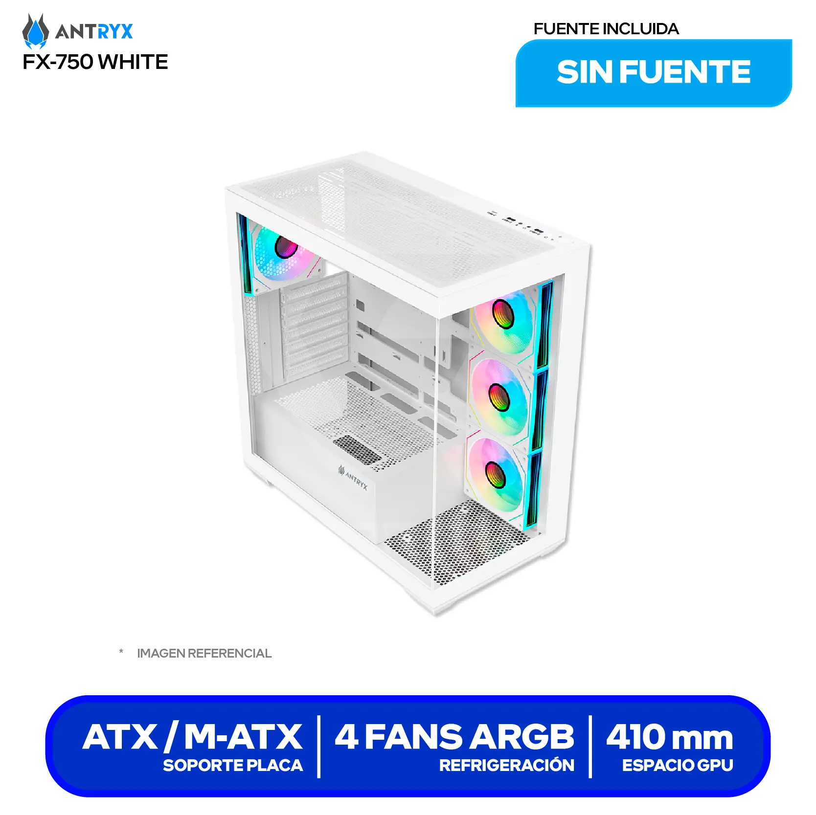 Case Gamer Antryx FX 750 White (AC-FX750W) Sin fuente, Doble vidrio templado, 4 fans ARGB Infinity