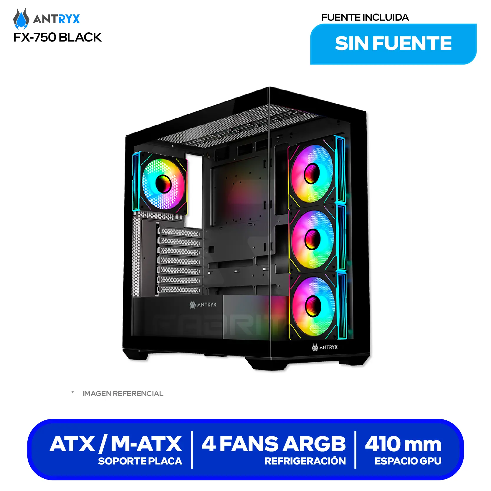 Case Gamer Antryx FX 750 Black (AC-FX750K) Sin fuente, Doble vidrio templado, 4 fans ARGB Infinity