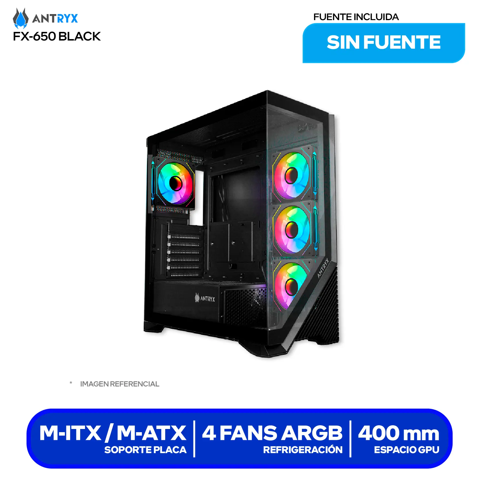 Case Gamer Antryx FX 650 Black (AC-FX650K) Sin fuente, Doble vidrio templado, 4 fans ARGB Infinity