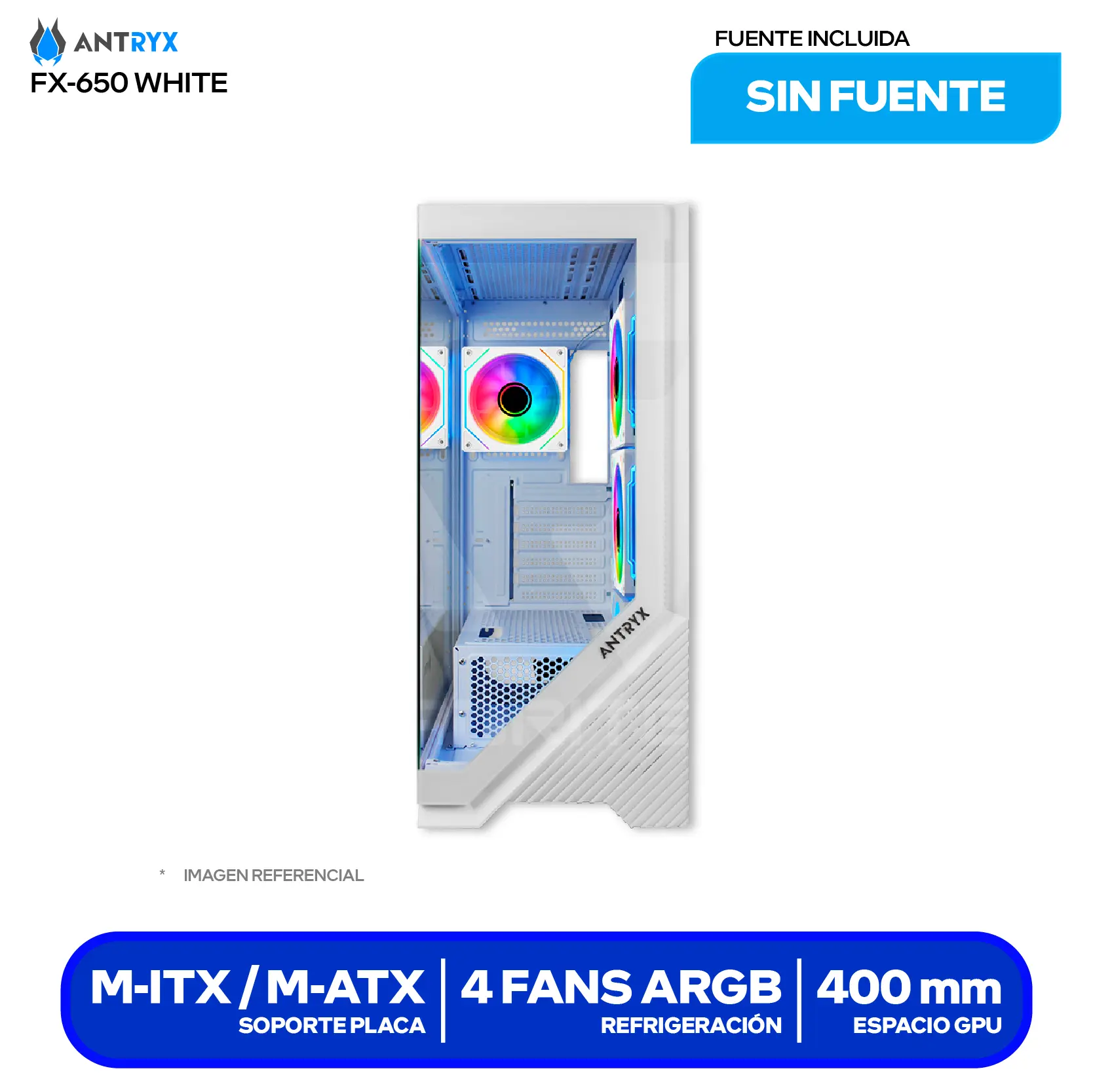 Case Gamer Antryx FX 650 White (AC-FX650W) Sin fuente, Doble vidrio templado, 4 fans ARGB Infinity