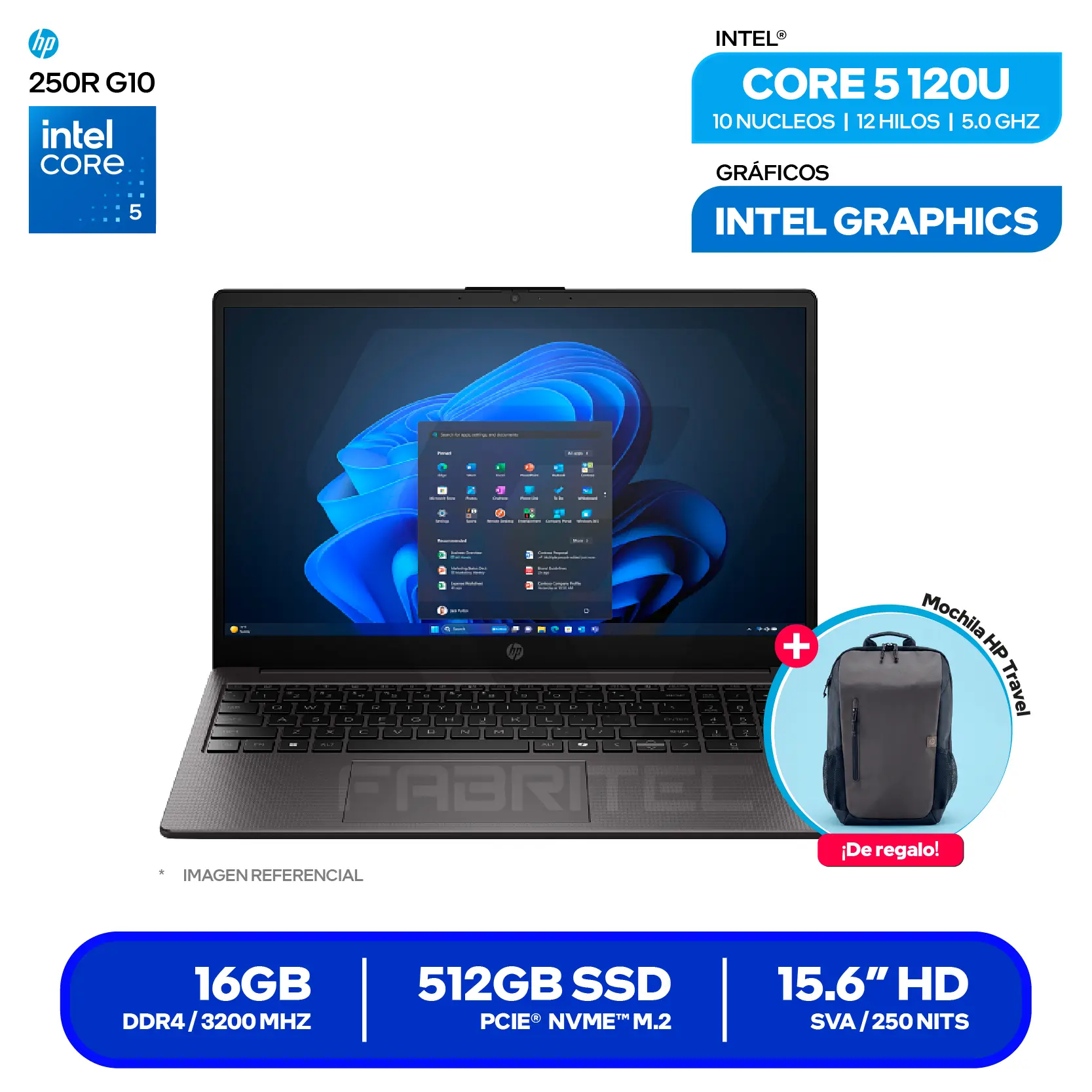 Laptop HP 250R G10  (C78DYAT#ABM) Intel Core 5 120U, RAM 16GB, SSD 512GB, 15.'' HD, FreeDos