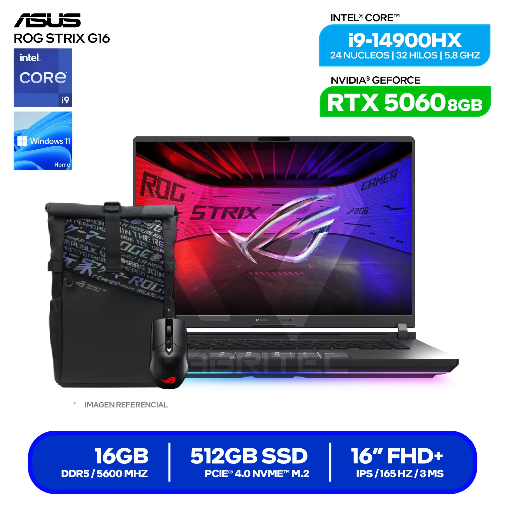 Laptop Asus Rog Strix G16 G615JMR-RV396W (90NR0LB1-M00JJ0) Intel Core i9-14900H, GeForce RTX 5060 8GB, 16GB RAM, 512GB SSD, 16'' FHD+, Windows 11 Home