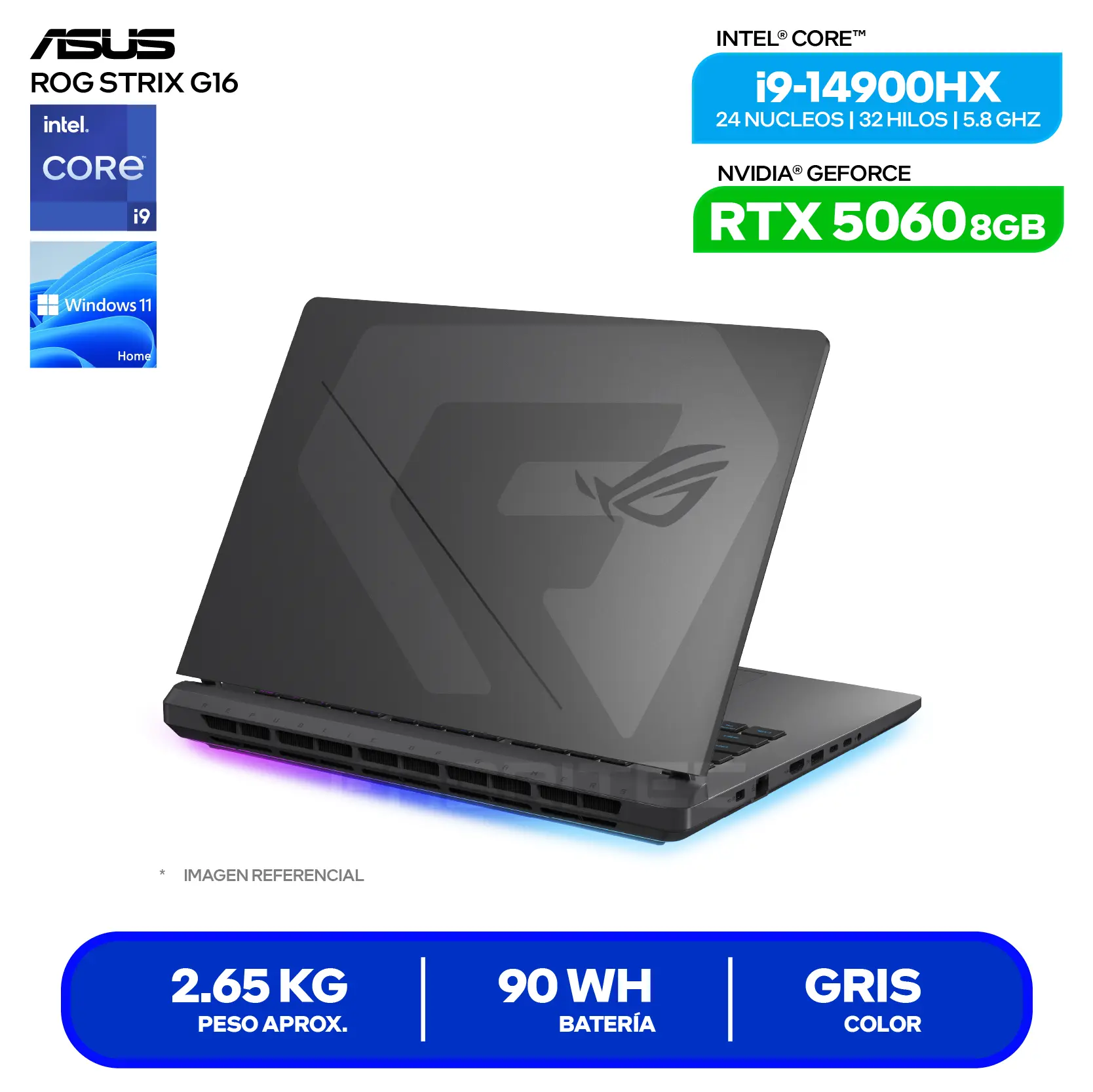 Laptop Asus Rog Strix G16 G615JMR-RV396W (90NR0LB1-M00JJ0) Intel Core i9-14900H, GeForce RTX 5060 8GB, 16GB RAM, 512GB SSD, 16'' FHD+, Windows 11 Home