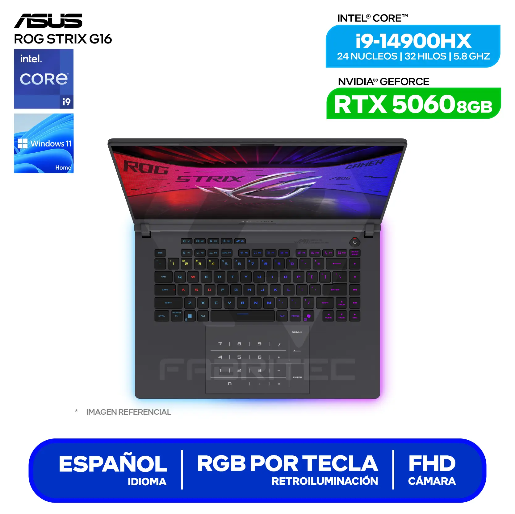 Laptop Asus Rog Strix G16 G615JMR-RV396W (90NR0LB1-M00JJ0) Intel Core i9-14900H, GeForce RTX 5060 8GB, 16GB RAM, 512GB SSD, 16'' FHD+, Windows 11 Home