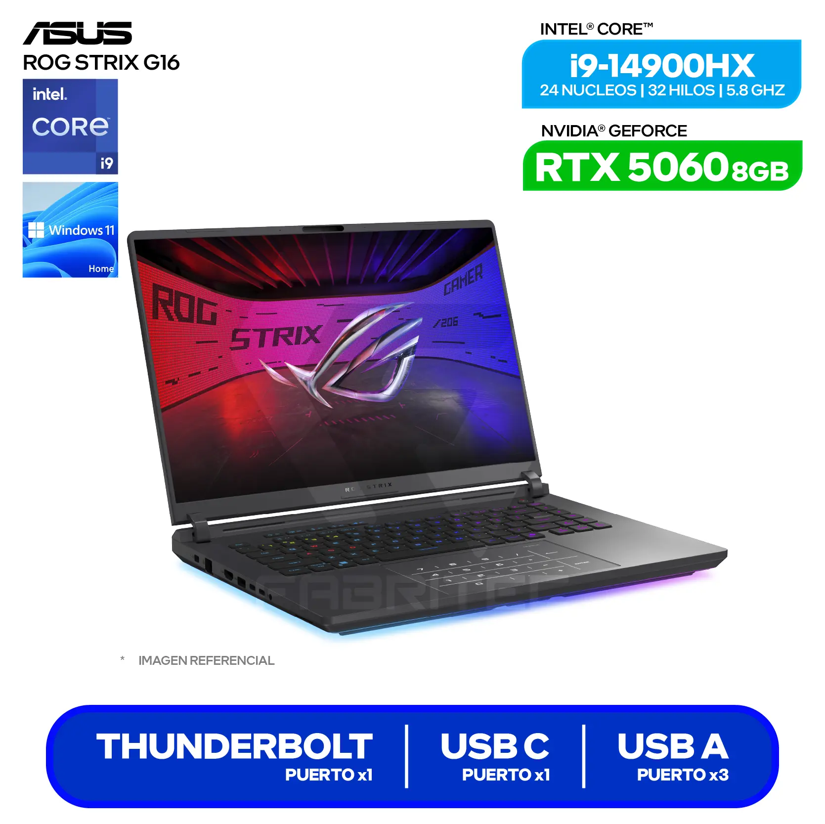 Laptop Asus Rog Strix G16 G615JMR-RV396W (90NR0LB1-M00JJ0) Intel Core i9-14900H, GeForce RTX 5060 8GB, 16GB RAM, 512GB SSD, 16'' FHD+, Windows 11 Home