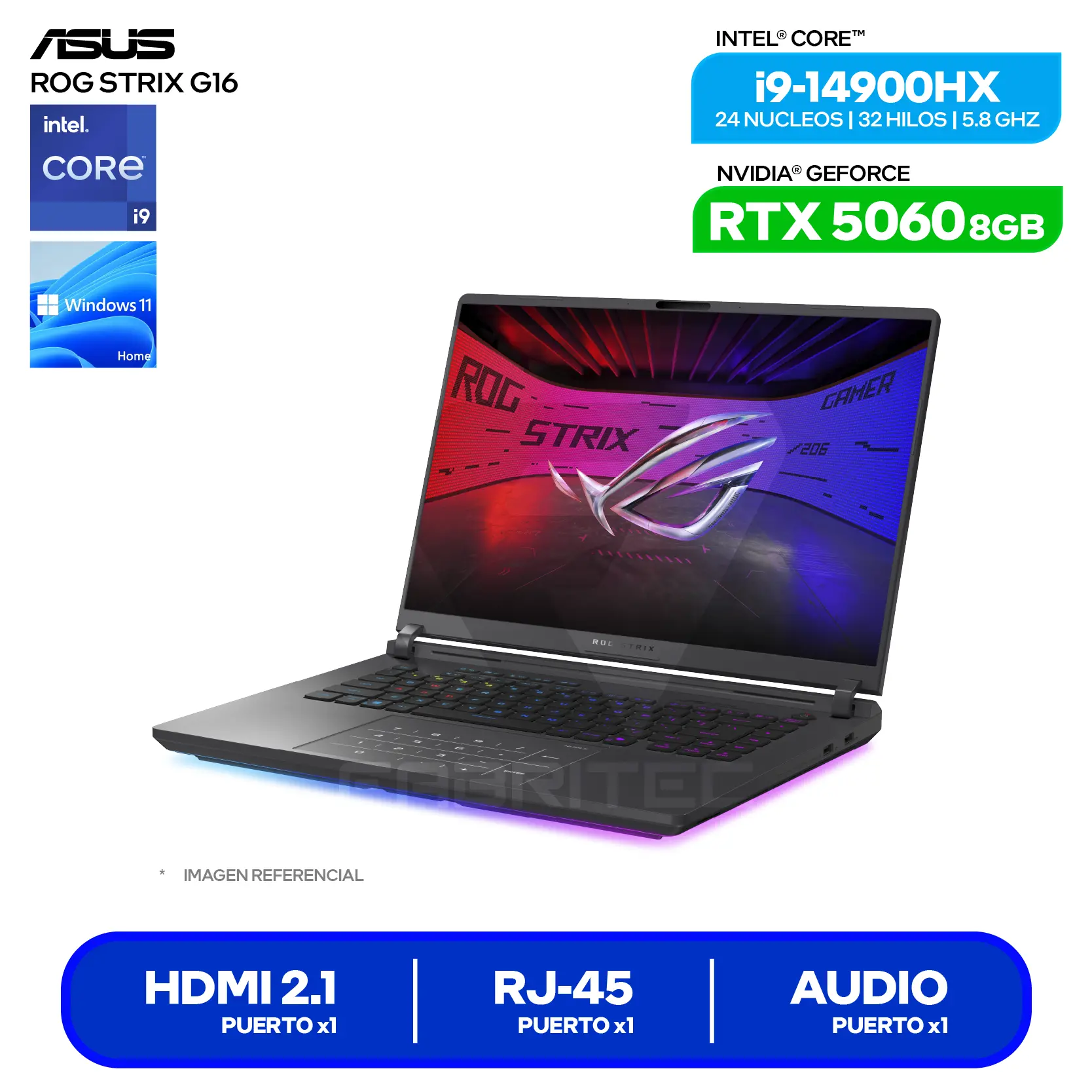 Laptop Asus Rog Strix G16 G615JMR-RV396W (90NR0LB1-M00JJ0) Intel Core i9-14900H, GeForce RTX 5060 8GB, 16GB RAM, 512GB SSD, 16'' FHD+, Windows 11 Home