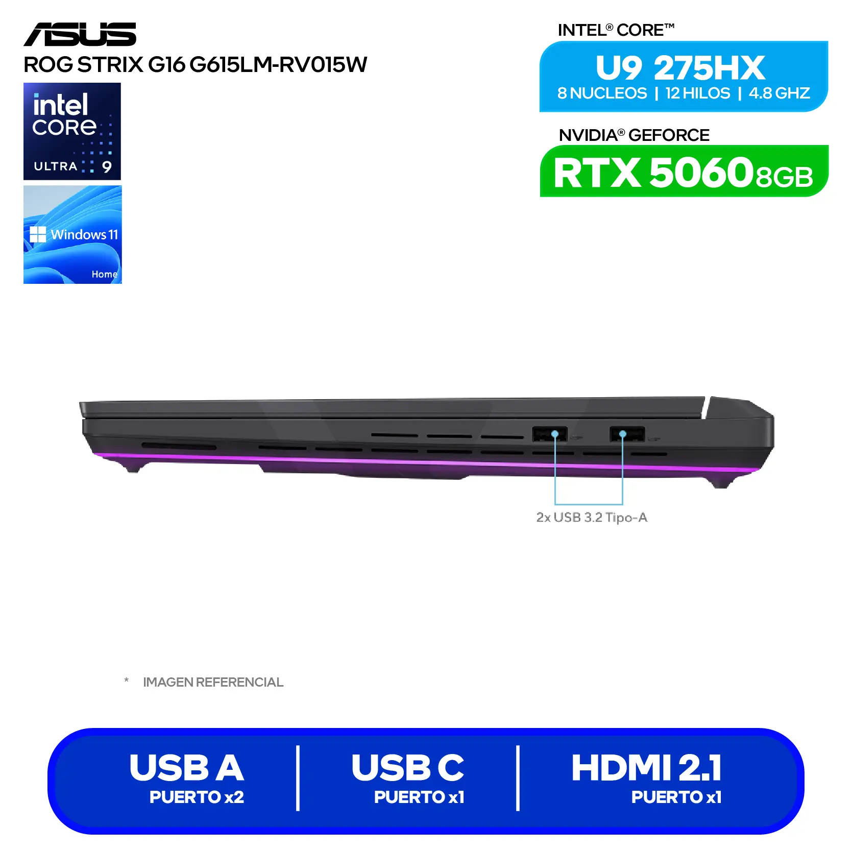 Laptop Asus Rog Strix G16 G615LM-RV015W (90NR0LJ1-M000K0) Intel Core Ultra 9-275HX, GeForce RTX 5060 8GB, 16GB RAM, 1TB SSD, 16'' FHD+, Windows 11 Home