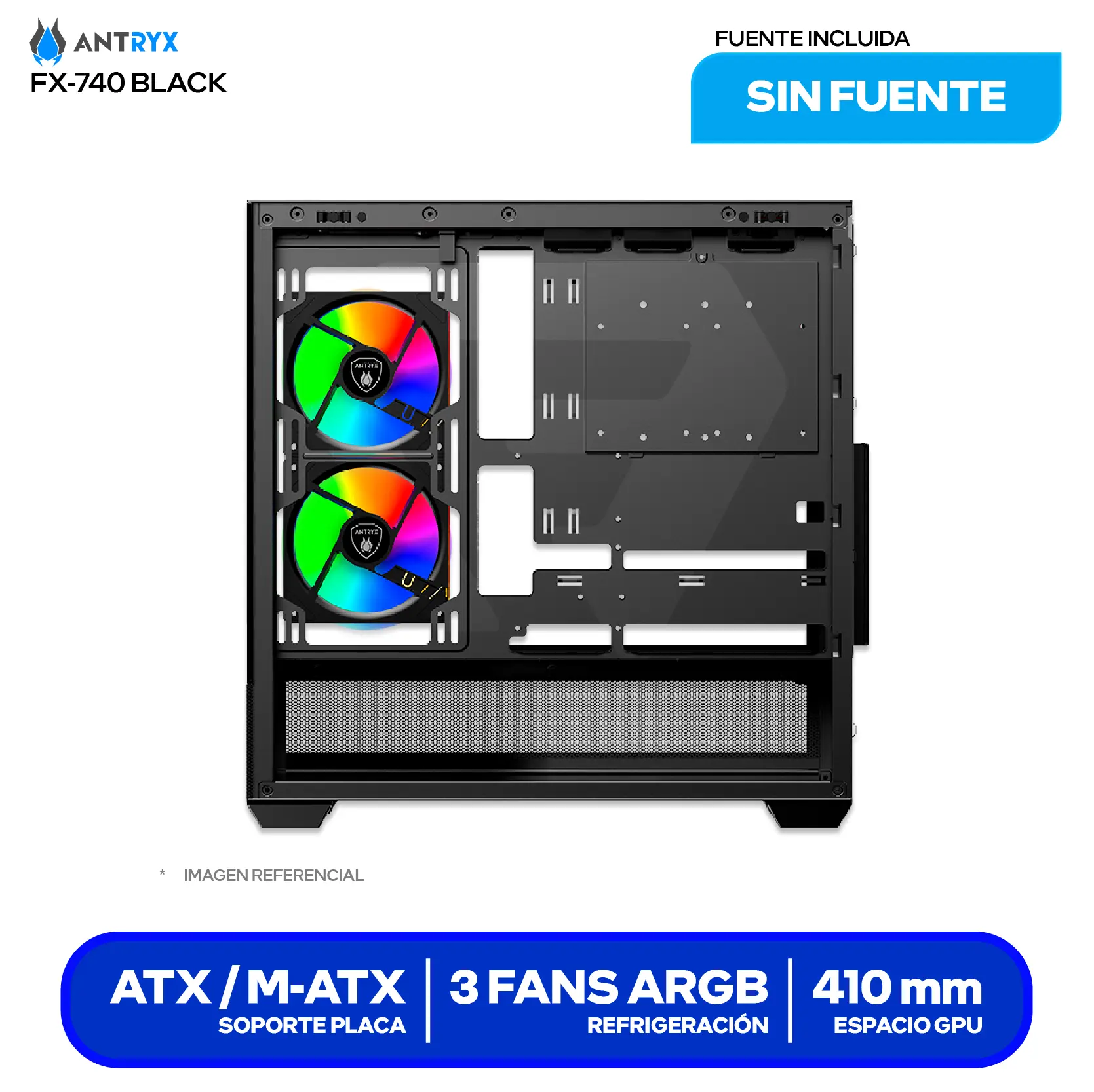 Case Gamer Antryx FX 740 Black (AC-FX740K) Sin fuente, Vidrio templado, 3 fans ARGB