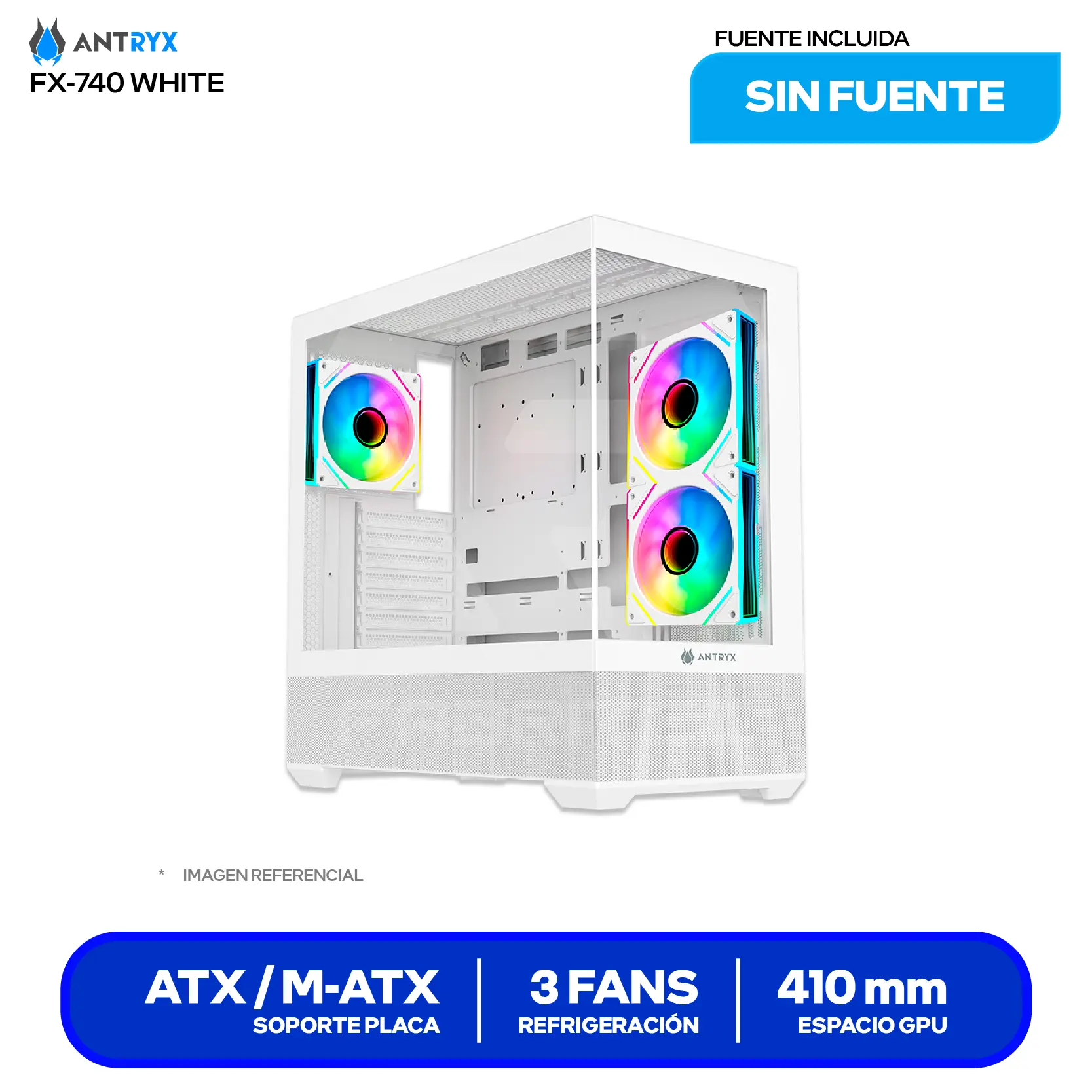 Case Gamer Antryx FX 740 White (AC-FX740W) Sin fuente, Vidrio templado, 3 fans ARGB
