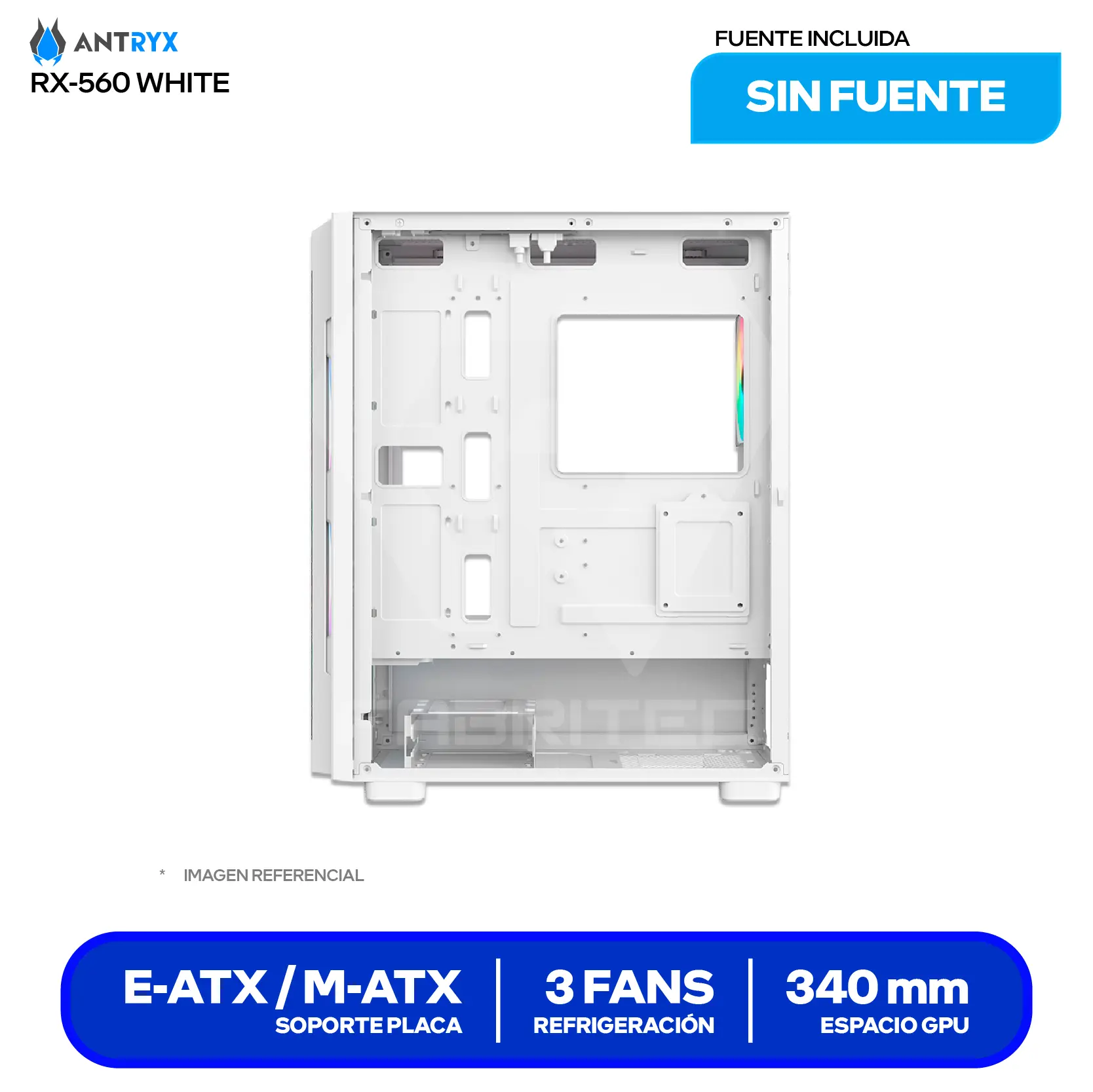 Case Gamer Antryx RX-560 White (AC-RX560W) Sin fuente, Vidrio templado, 3 fans ARGB