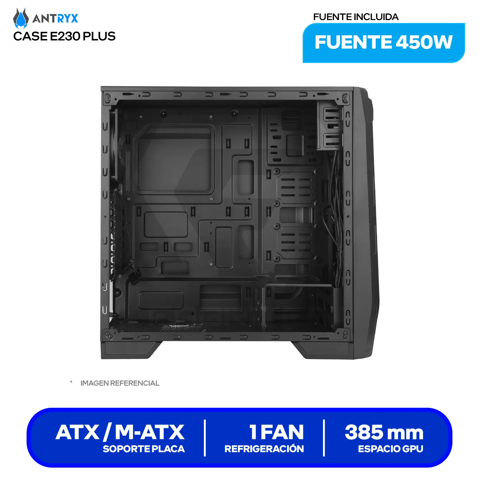 Case Gamer Antryx Xtreme E230 Plus (AC-XE230PSN-450CPR1) Sin fuente, 1 fan