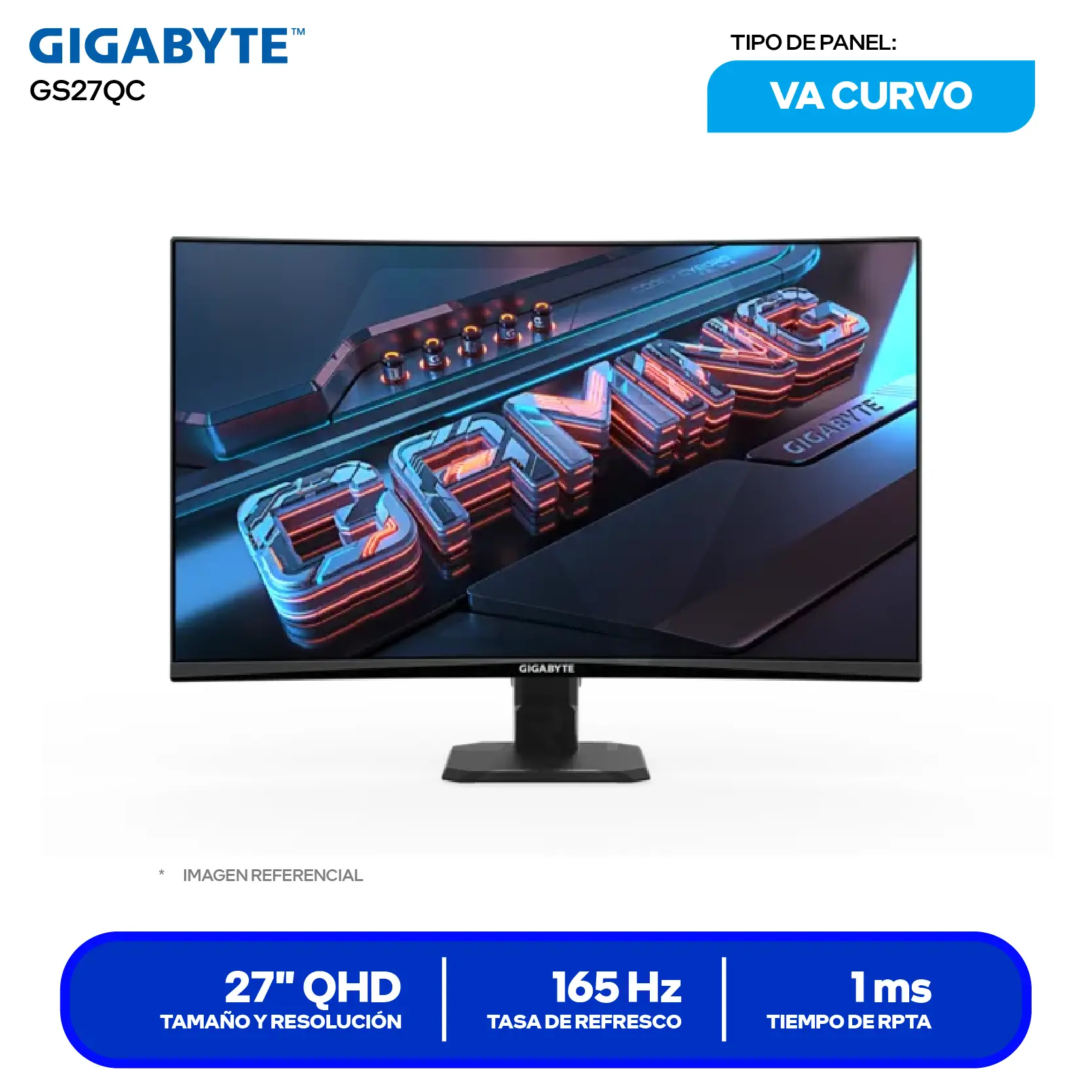 Monitor Gaming Gigabyte GS27QC 27" (20VM0-GS27QCBM-1SAR) QHD, 165Hz, 1ms, Curvo