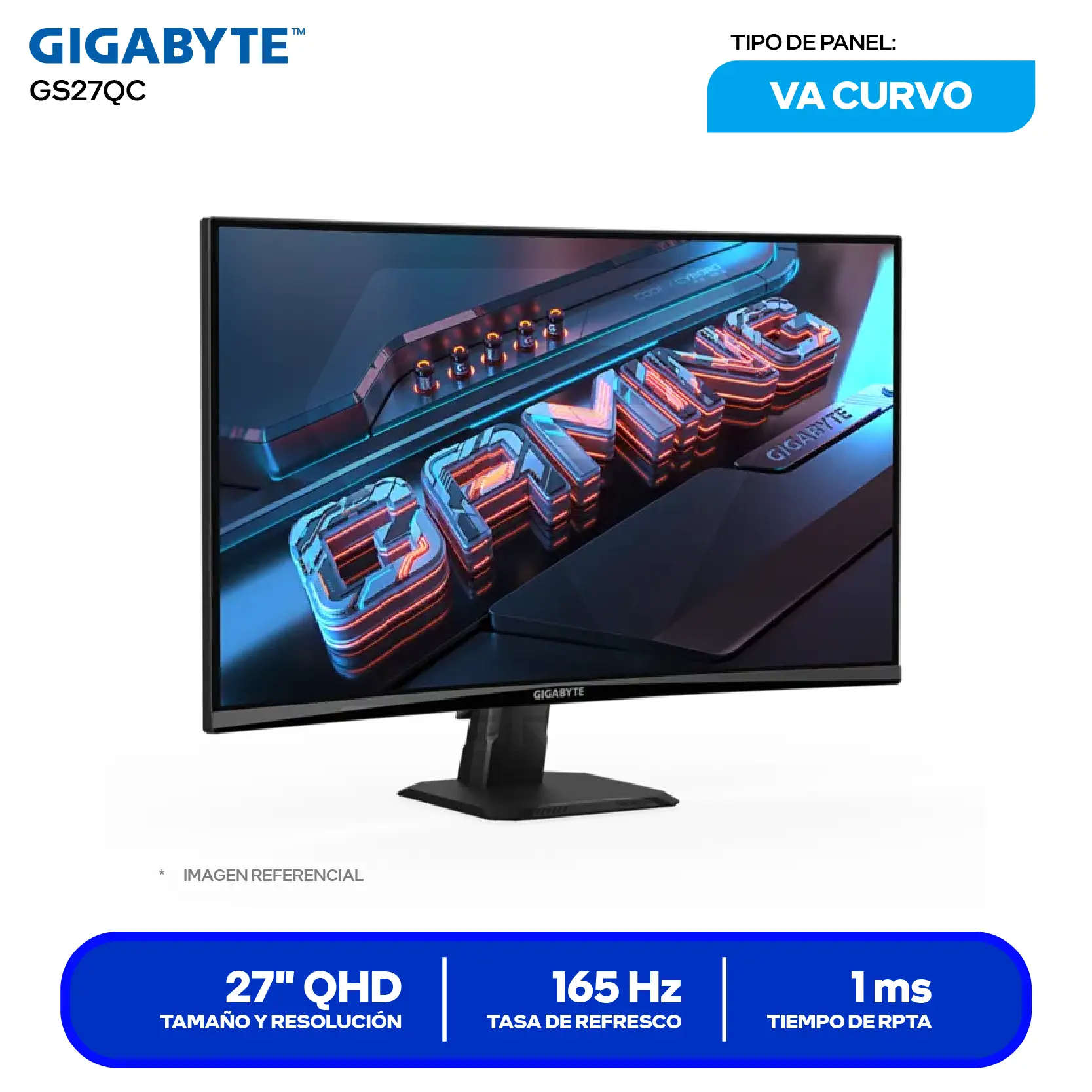Monitor Gaming Gigabyte GS27QC 27" (20VM0-GS27QCBM-1SAR) QHD, 165Hz, 1ms, Curvo