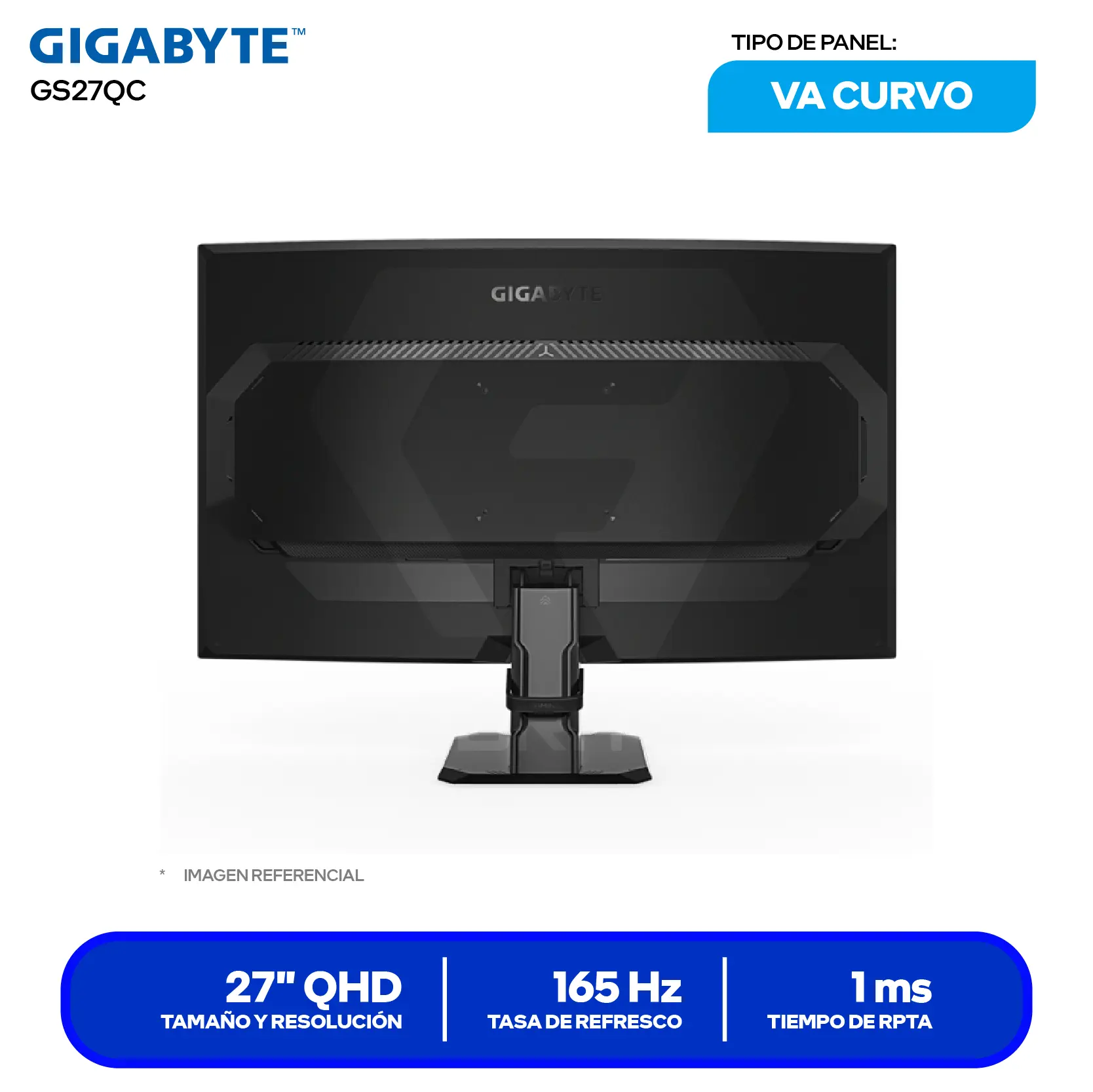 Monitor Gaming Gigabyte GS27QC 27" (20VM0-GS27QCBM-1SAR) QHD, 165Hz, 1ms, Curvo