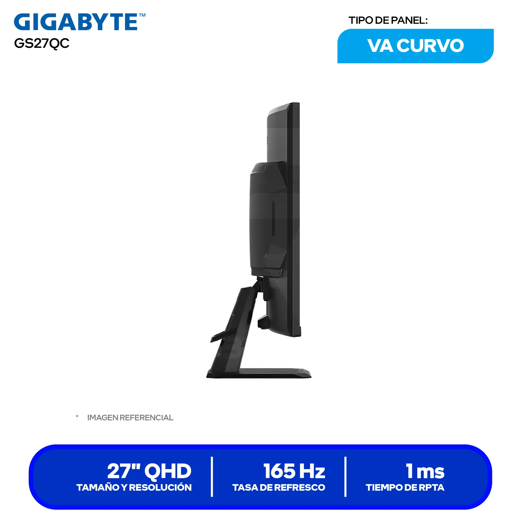 Monitor Gaming Gigabyte GS27QC 27" (20VM0-GS27QCBM-1SAR) QHD, 165Hz, 1ms, Curvo